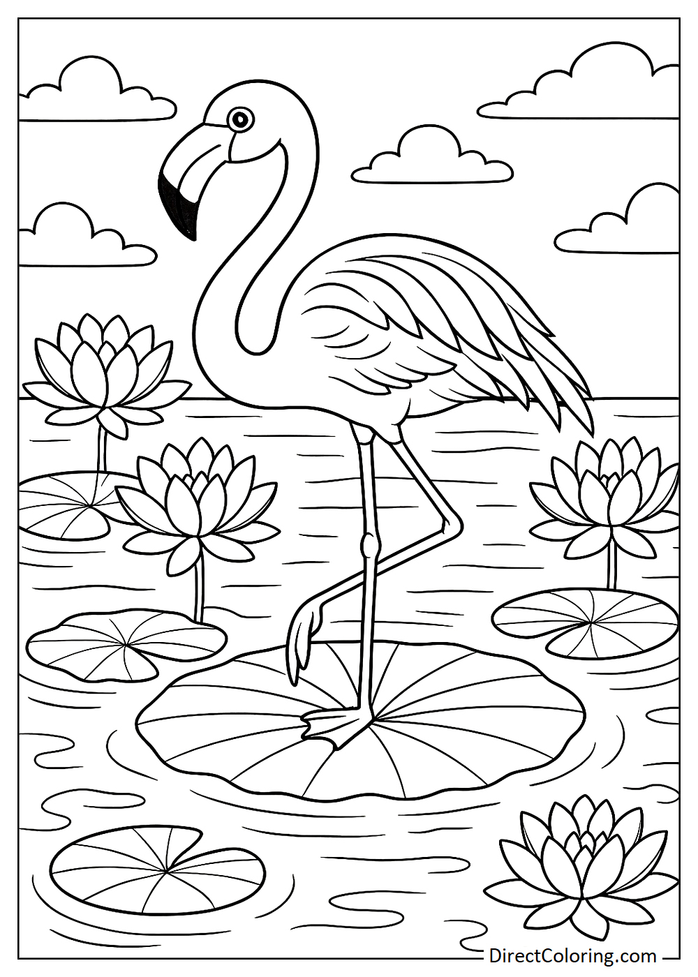 Flamingo in a lotus pond coloring page