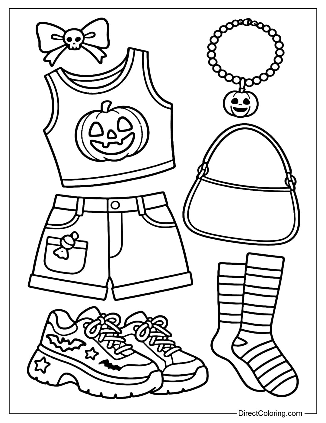 Coloring page for a bright Y2K Halloween outfit including a smiling pumpkin-print crop top, high-waisted shorts with candy-colored pockets, and thick-soled sneakers decorated with stars and bats.