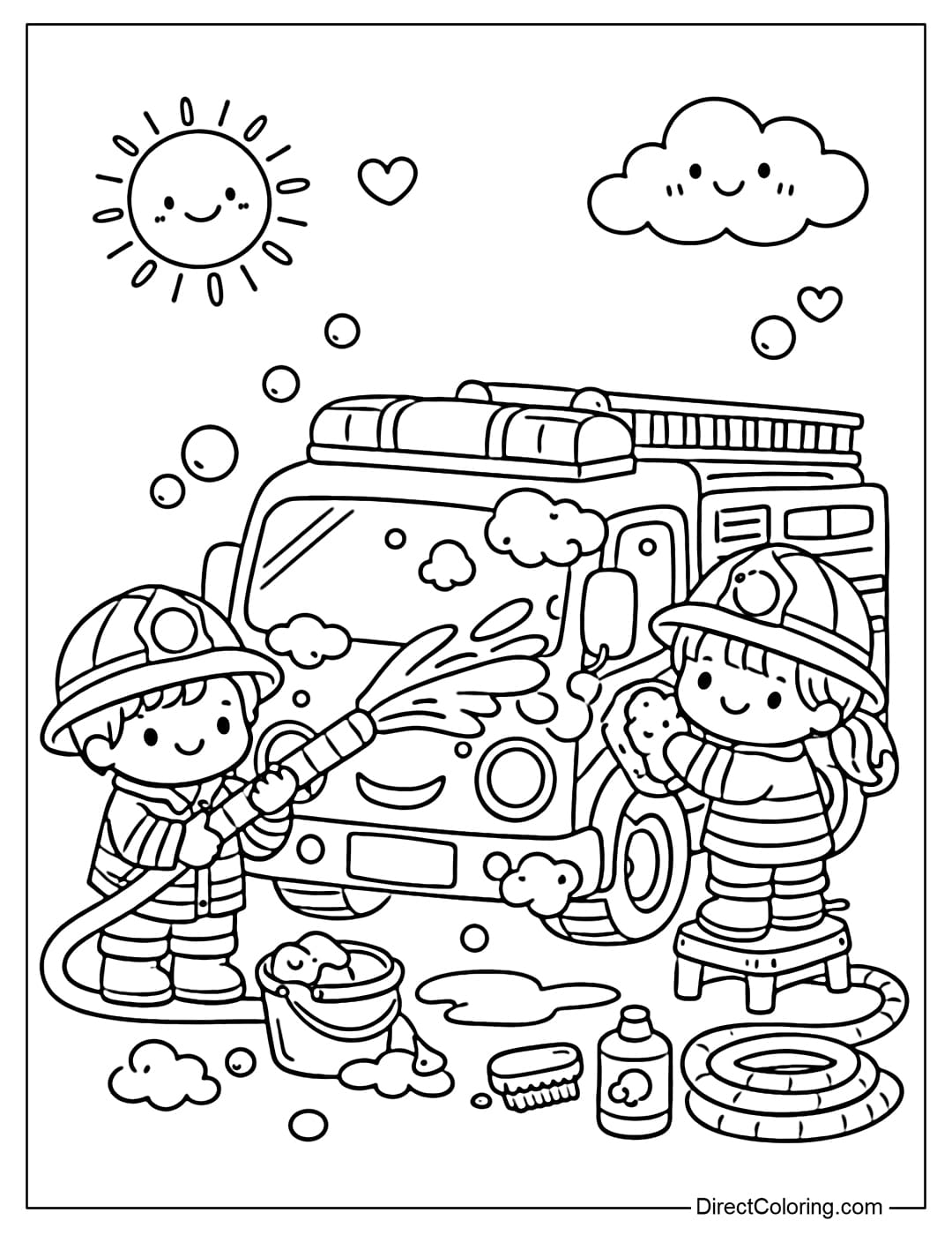 Coloring page of a firefighter washing a fire truck.