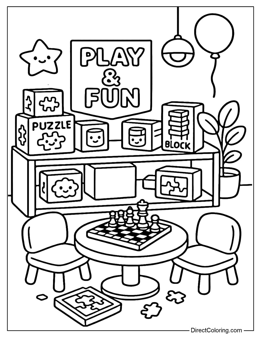 Puzzle and Board Game Coloring Page Coloring page for puzzle game shelves, chess, dominoes, and cute painted chess boxes, suitable for relaxing coloring.