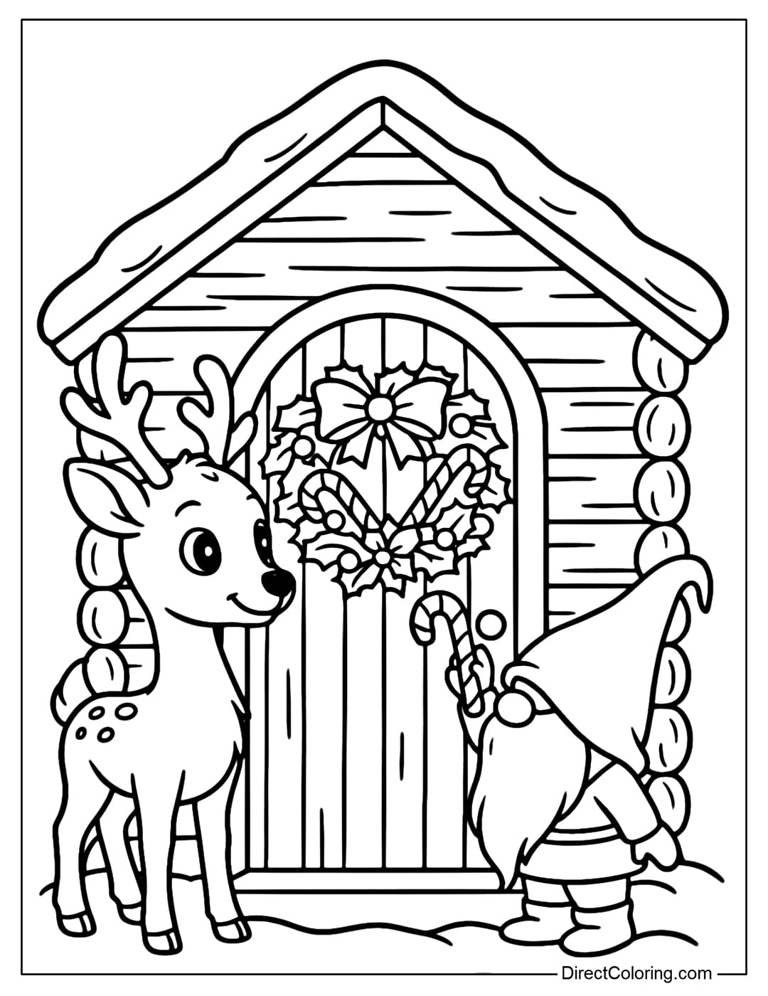 Reindeer with Gnome Coloring Page A coloring page of a reindeer and a small gnome wearing a long pointed hat, and a candy wreath decorated in front of a wooden house.