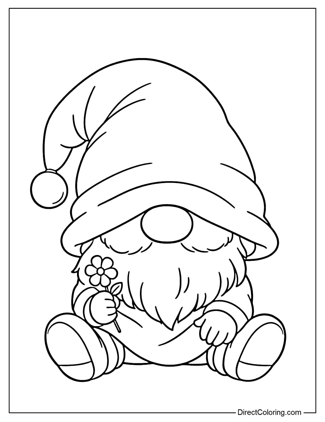 Coloring page of a baby gnome with a big hat covering almost its entire face, only revealing its adorable round nose.