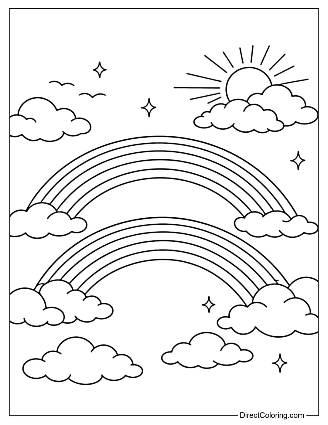 A coloring page of two parallel rainbows in the sky, combined with drifting clouds and sunlight.