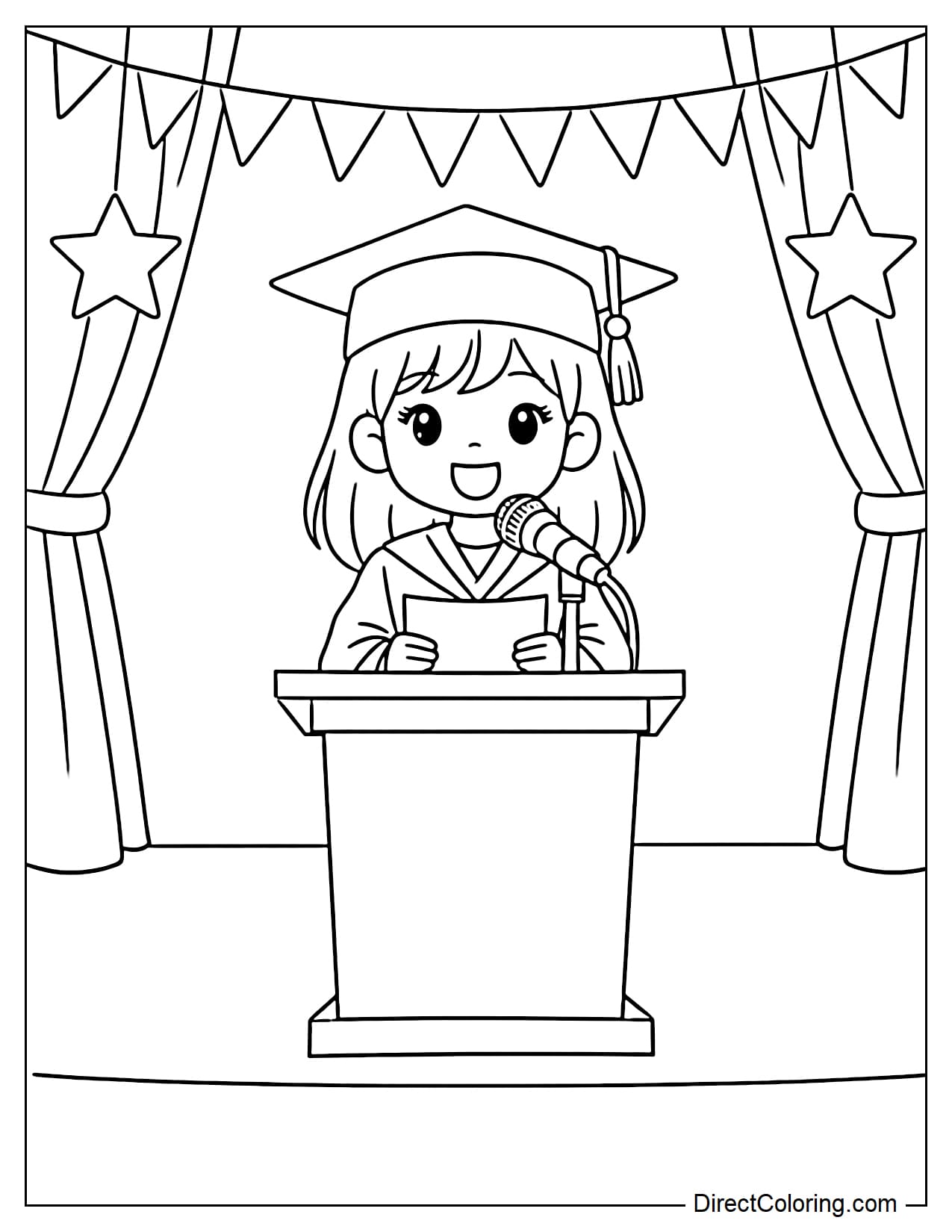 A female graduate student is standing on stage giving a speech into a microphone.
