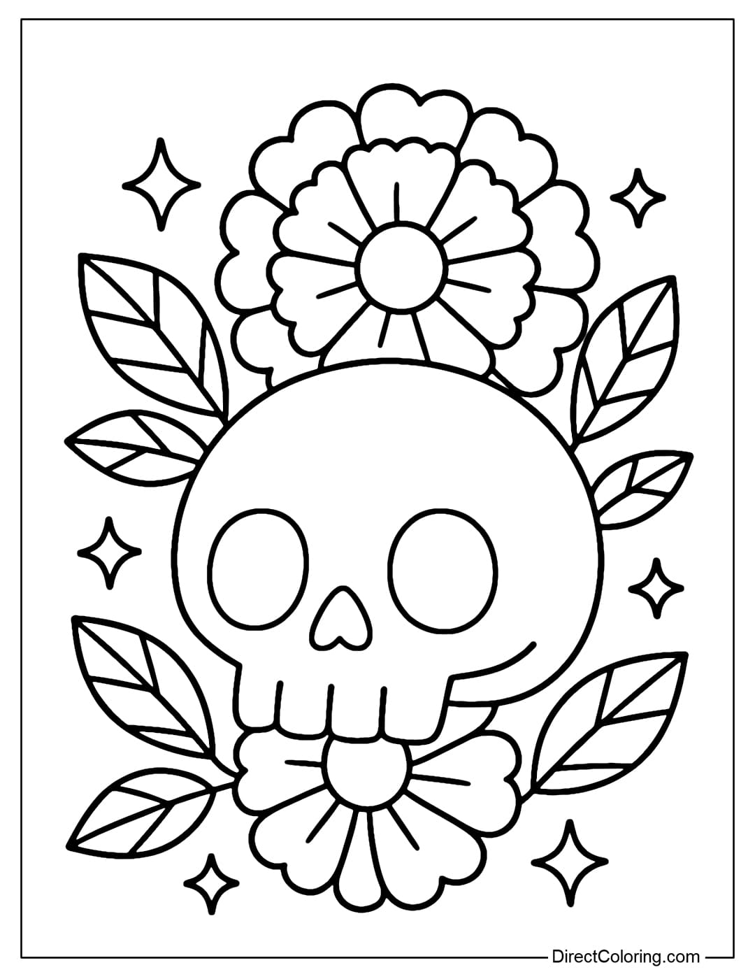 Skull coloring page is surrounded by marigold flowers, leaves and a few small stars.