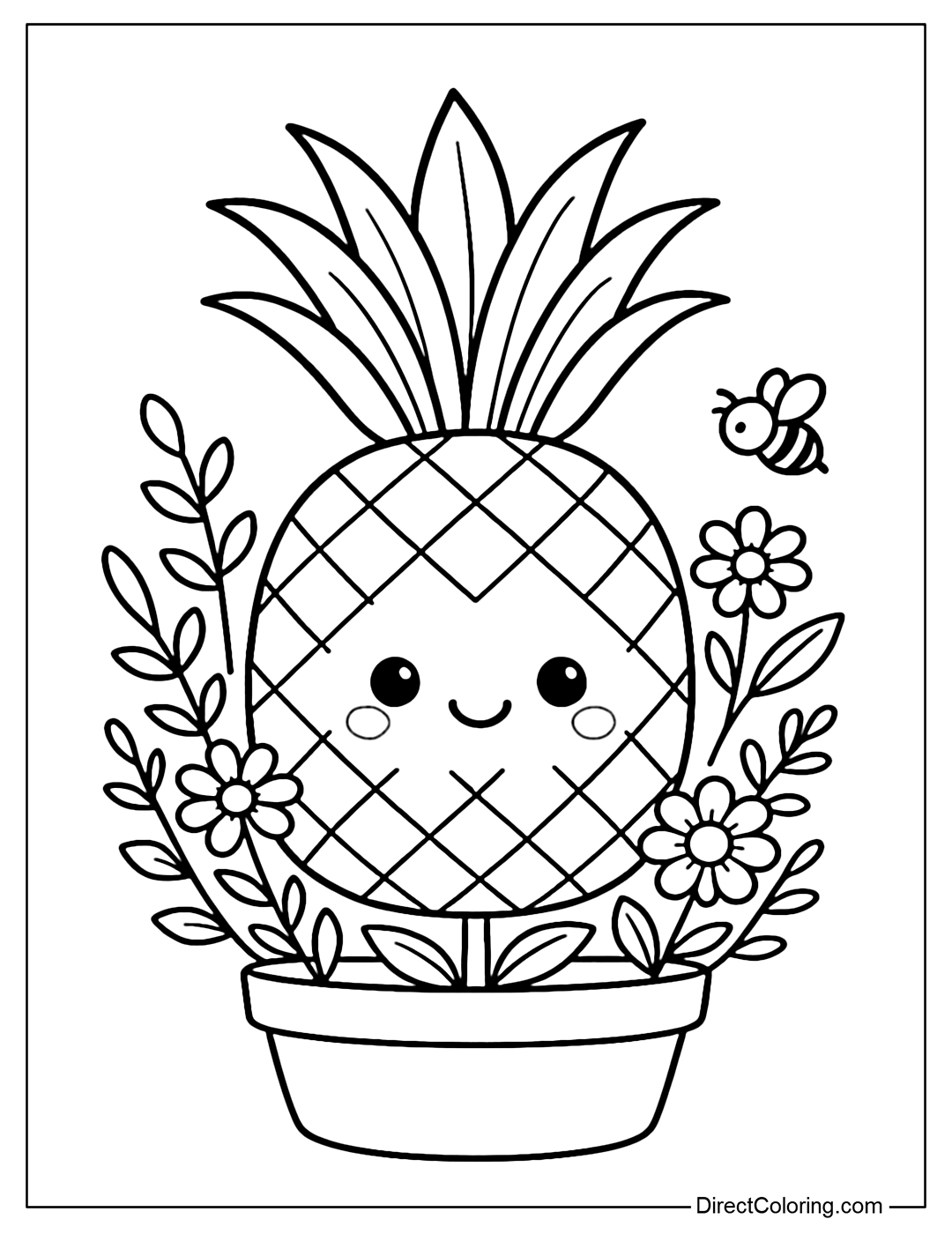 Coloring Page A small pineapple is placed in a ceramic pot, surrounded by buds, small flowers such as daisies, dahlias growing alternately.