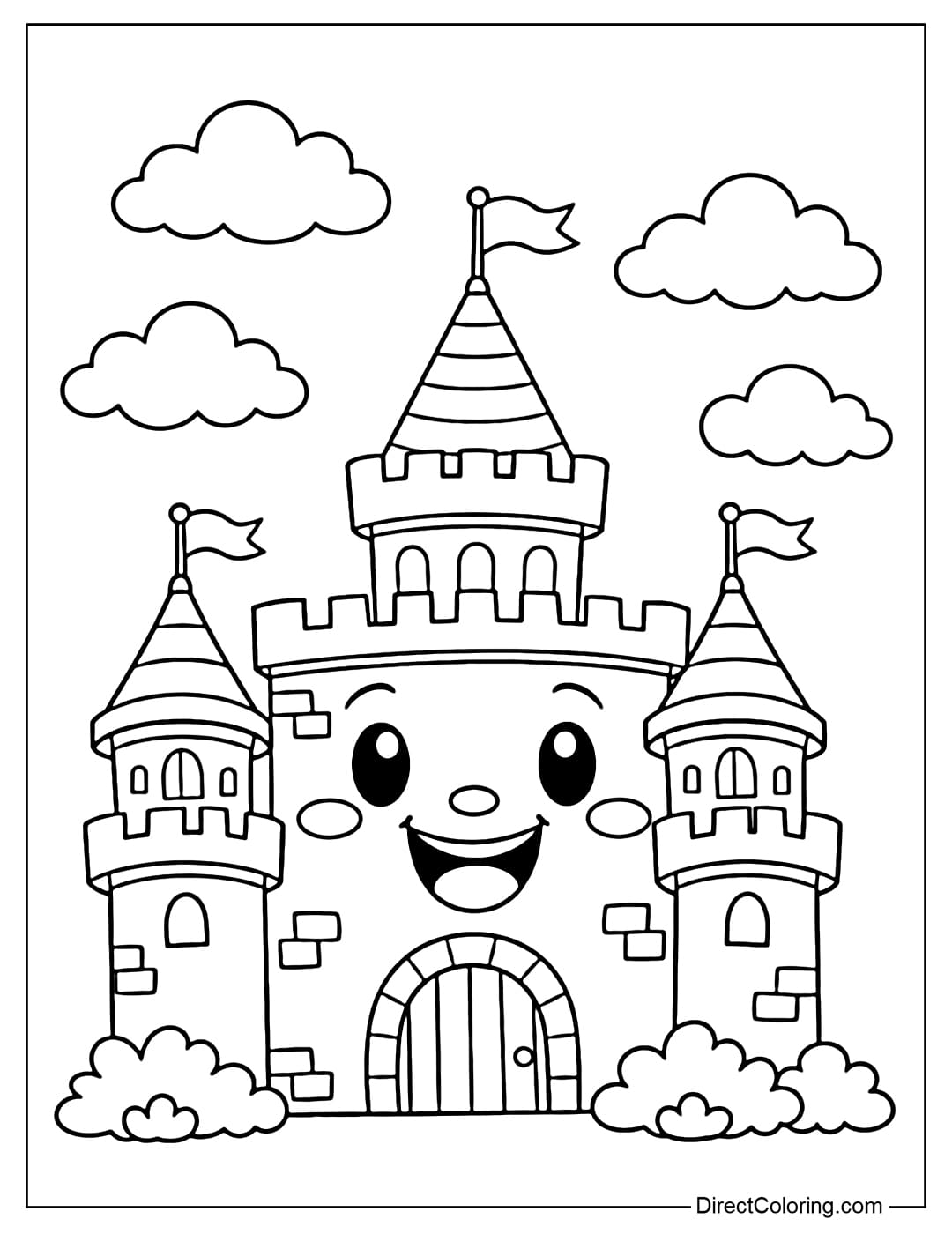 Coloring page of a cute castle with a big smiling face in the middle, two small towers on either side, and some round clouds in the sky.