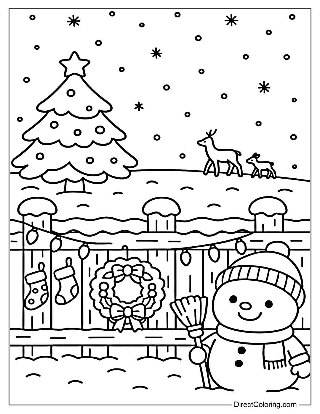 Coloring page of a wooden fence covered with white snow, decorated with laurel wreaths, light bulbs and small Christmas stockings hanging. There is a snowman wearing a red woolen hat, holding a broom and a Christmas tree.