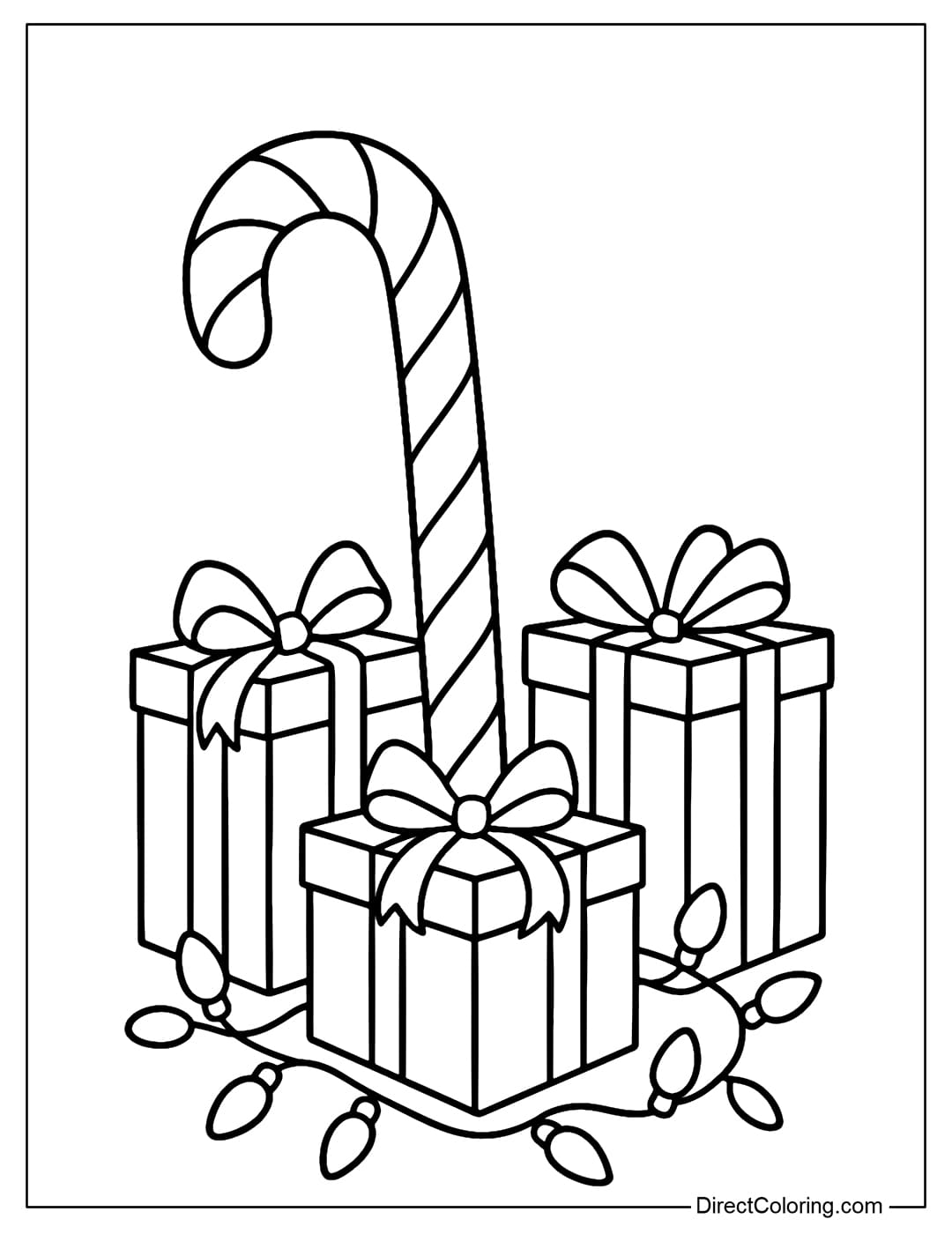 Candy cane coloring page with bow, ribbon and small light bulb.