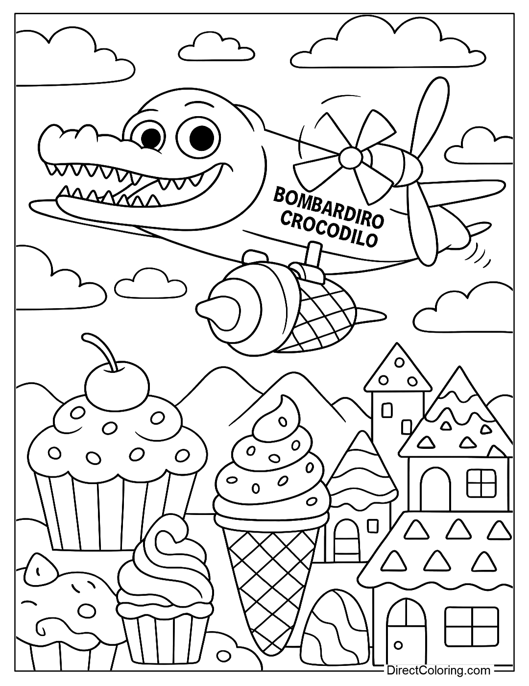 Bombardiro Crocodilo coloring page with a giant ice cream on its belly instead of a bomb, preparing to drop it on a city full of sweets