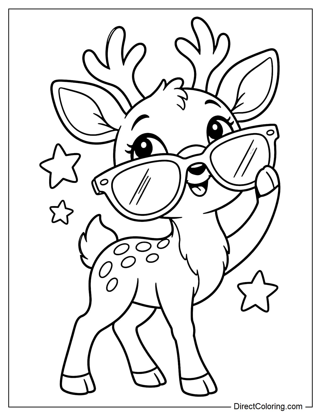 A cute deer wearing giant sunglasses that have slipped slightly down its nose, raising one front leg to adjust them with a few stars around it.