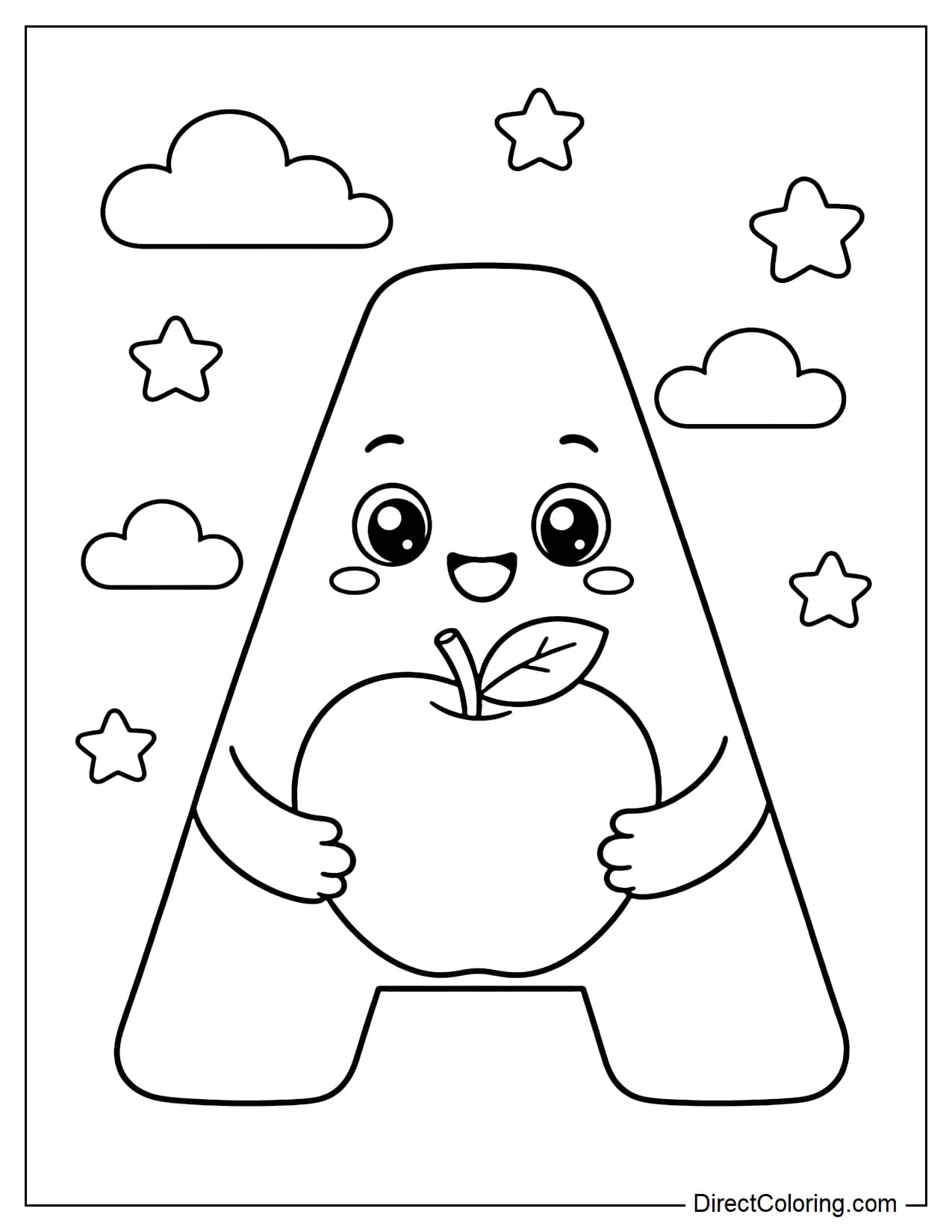 The adorable letter A has round eyes and a bright smile, holding a large apple, surrounded by stars and clouds.