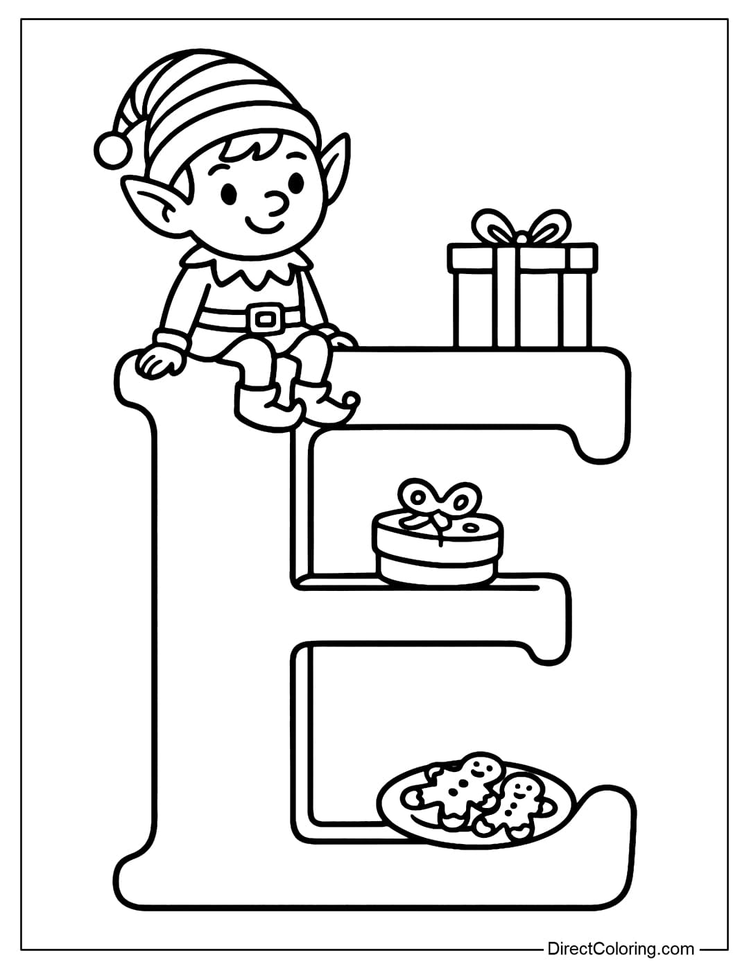 The Letter E Christmas coloring page forms the frame of the elf's desk, with gift boxes and cookies placed on the horizontal bars, a small elf sits on the top edge, wearing a red and green striped hat, simple lines, easy to color.