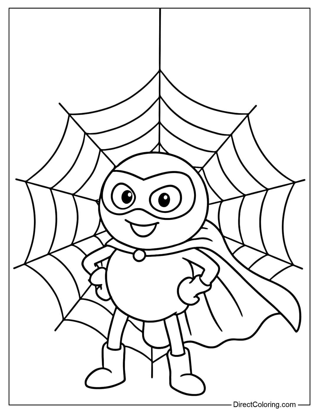 A coloring page of a superhero spider with a fluttering cape, standing majestically in the middle of a silk web.