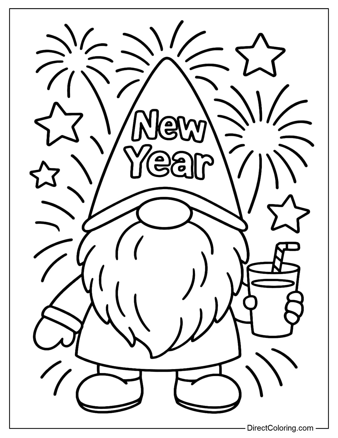 A coloring page featuring a gnome welcoming the new year, wearing a pointed hat with 