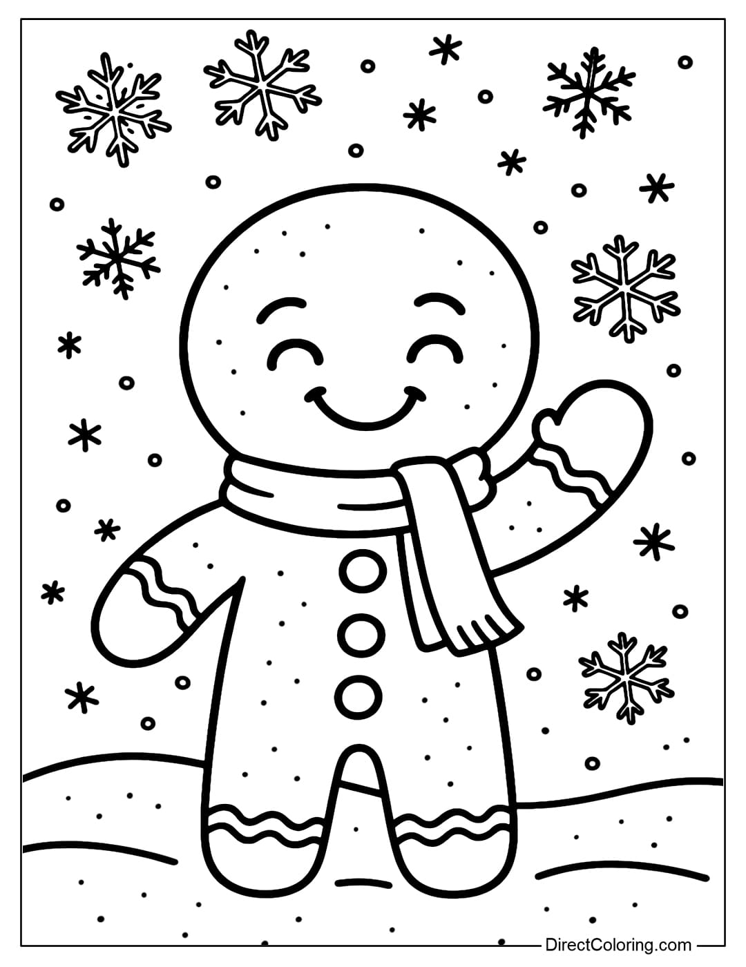 A gingerbread man coloring page with a bright smile and a wave in the cold winter wind.