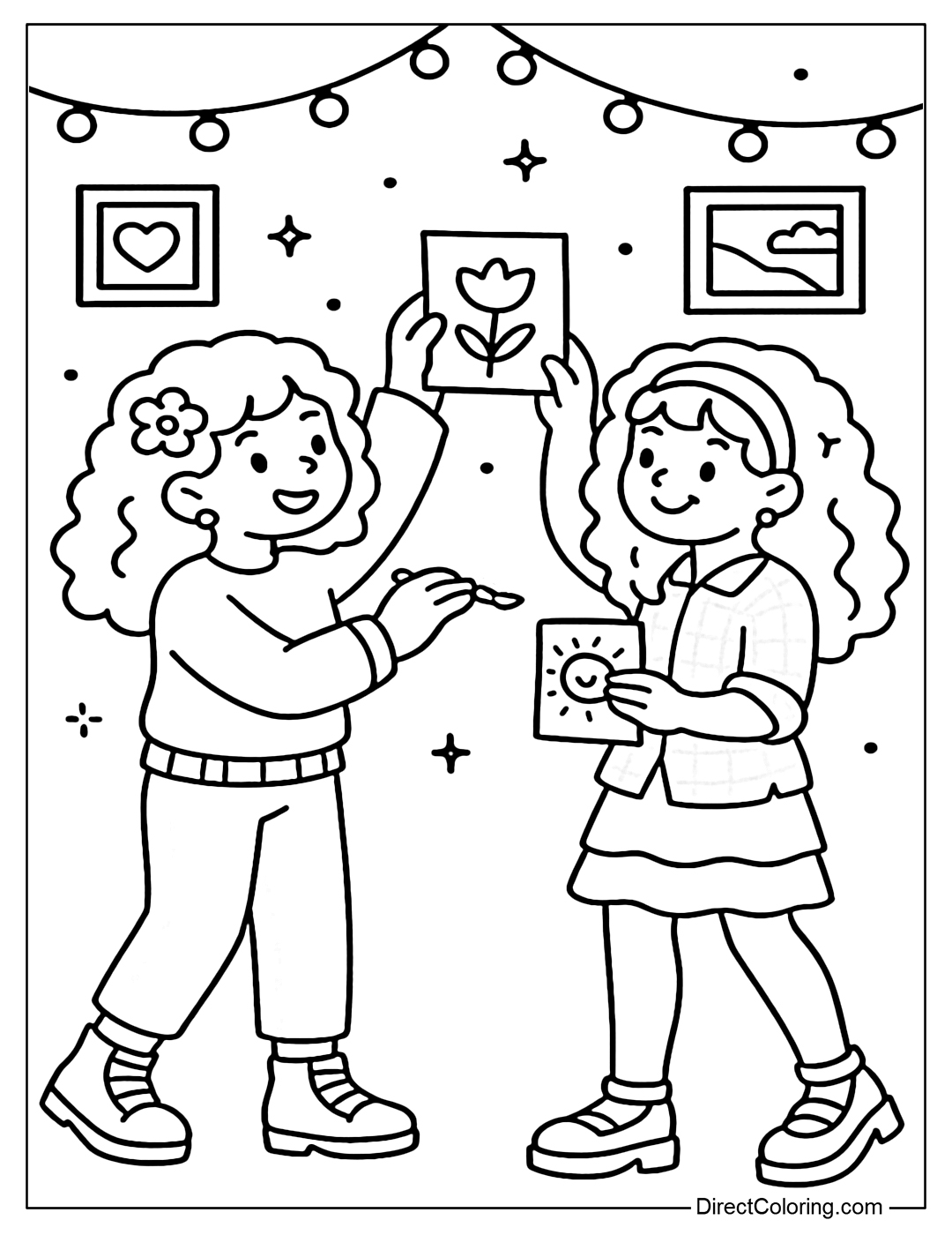 A coloring page of two girls pasting their drawings on the wall, surrounded by photo frames and string lights.