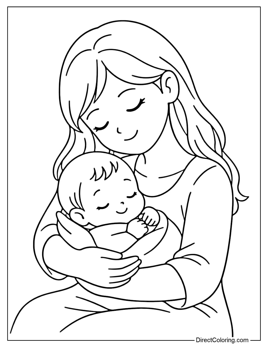 A coloring page showing a mother sitting and holding her baby, her head slightly tilted down, looking at her child, conveying a feeling of love and protection.