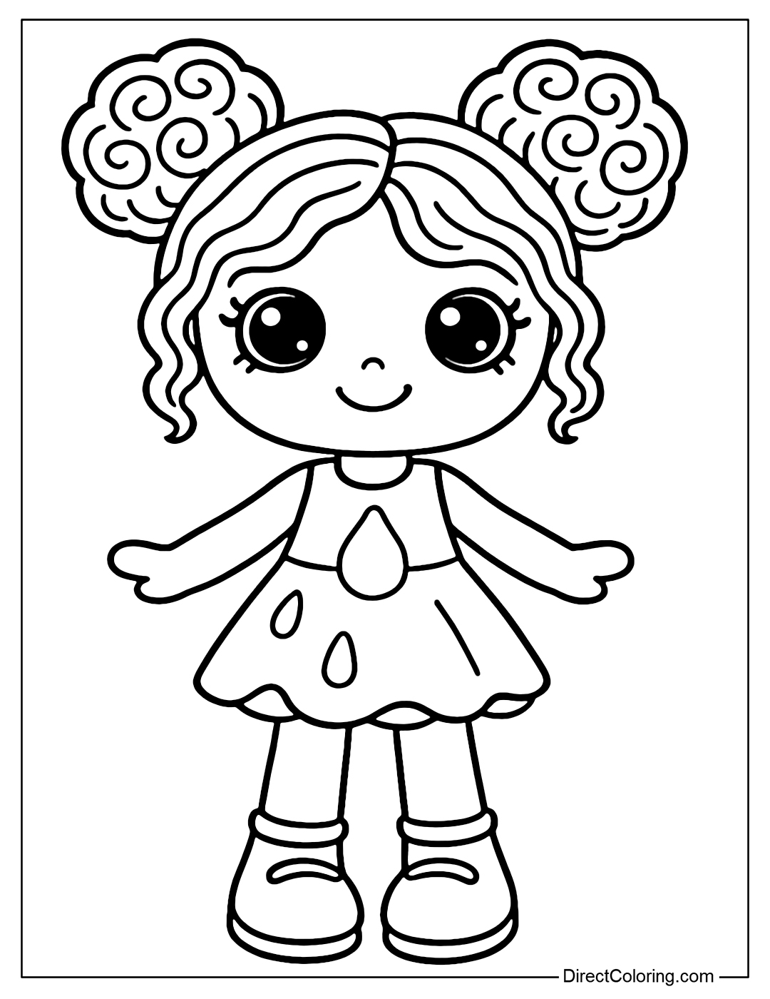 Coco doll coloring page has wavy hair like crispy cookies, no fiber details - just 2 round buns like donuts. Big, sparkling eyes, skirt has milk drop motifs.