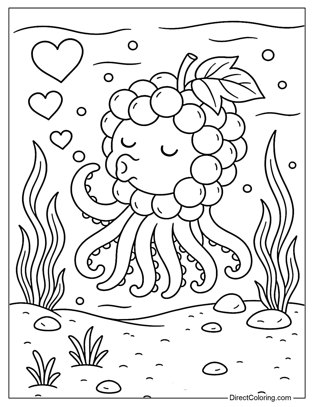 An octopus coloring page with a bunch of grapes as its body, blowing heart-shaped bubbles at the bottom of the sea.