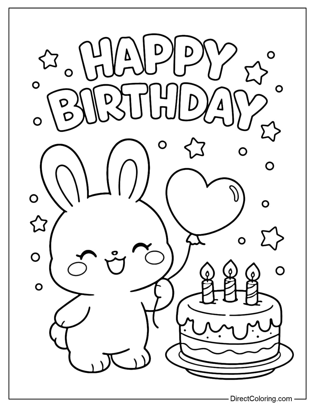 A coloring page featuring a cute bunny standing next to a birthday cake with candles, holding a heart-shaped balloon in one hand.