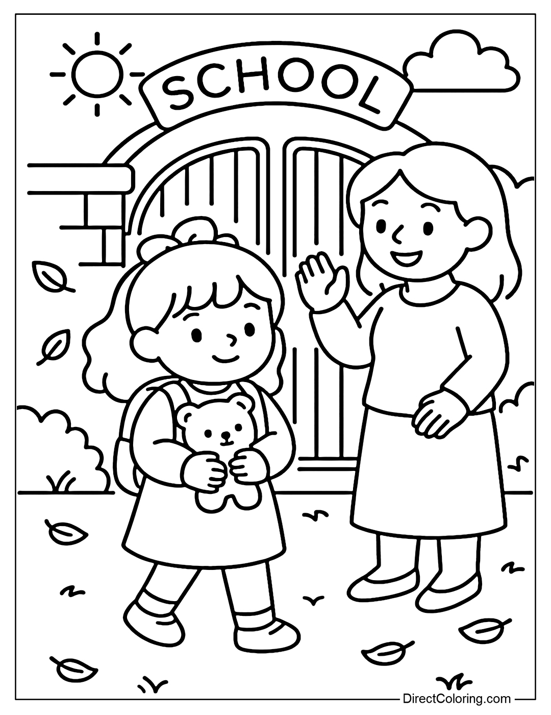 Coloring Page The girl stands in front of the school gate on the first day of school, holding a teddy bear, her mother standing behind cheering.