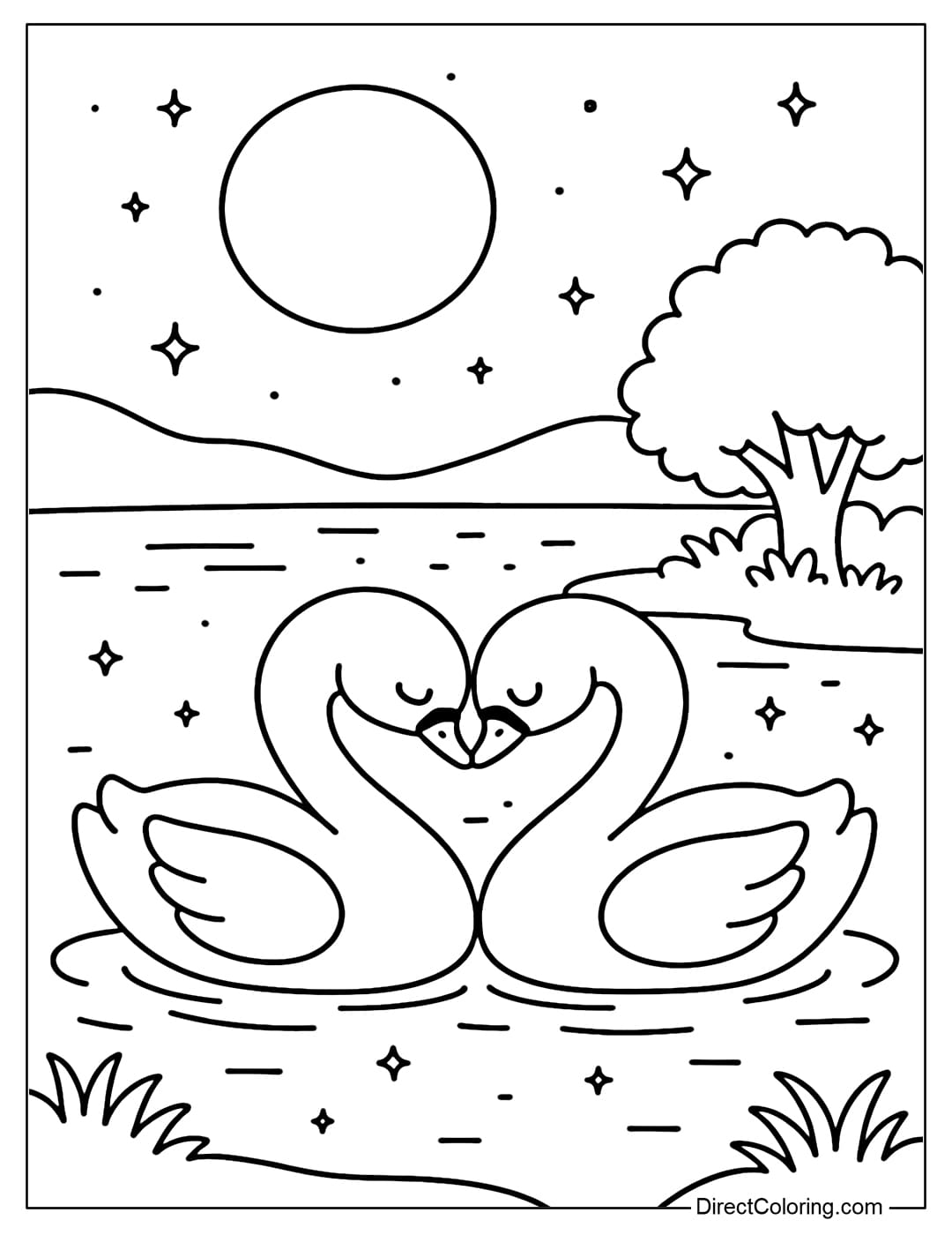 A coloring page of a pair of swans swimming gently on a quiet lake, their heads together forming a heart shape under the full moon.
