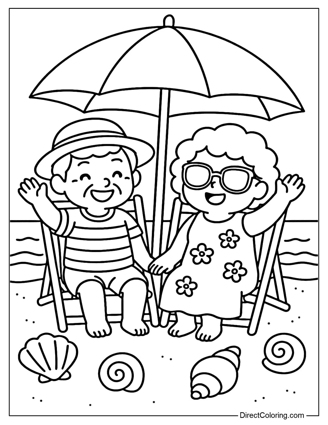 Coloring page of grandparents sitting under an umbrella on the beach, surrounded by waves and seashells.