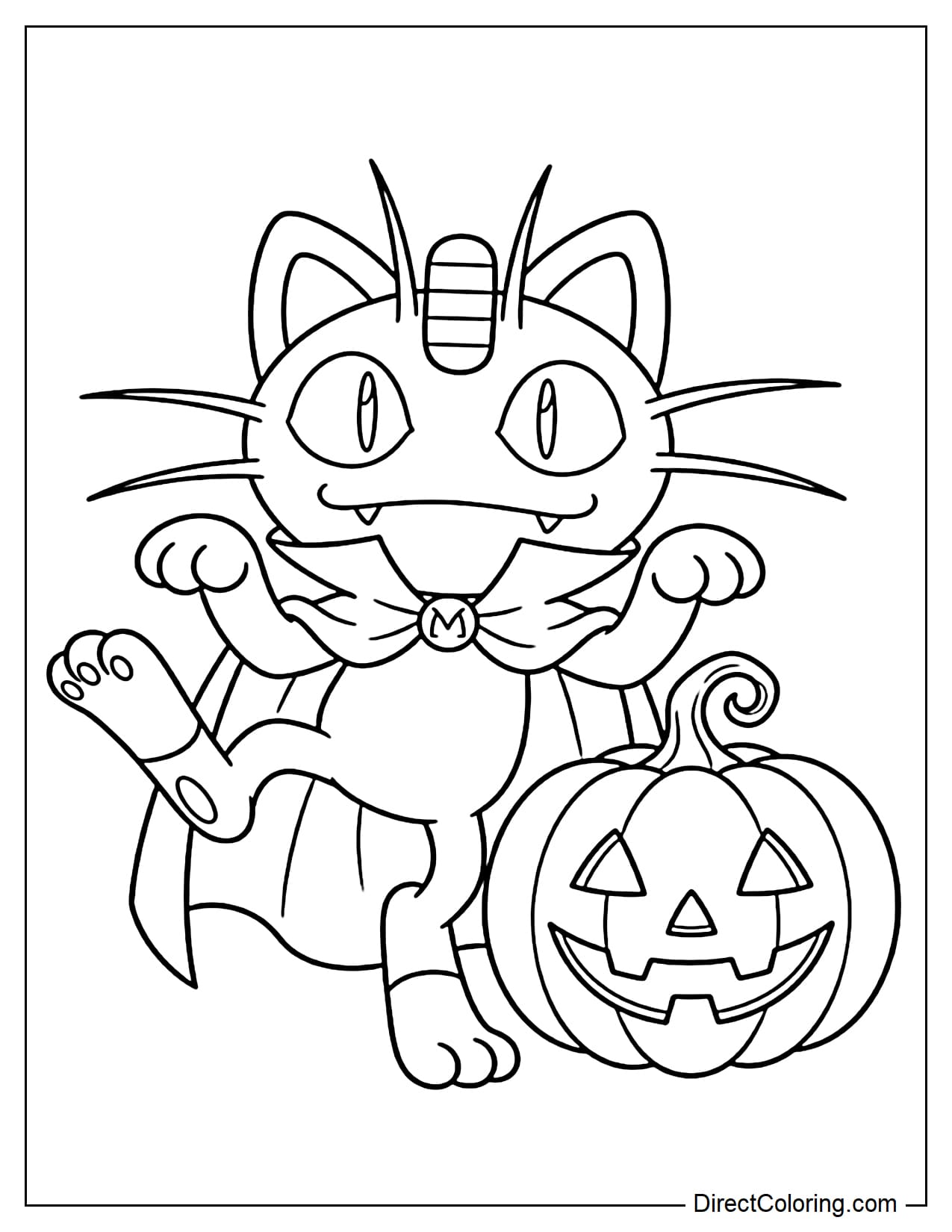 Pokémon Meowth dressed as a vampire in a simple cape, standing beside a large Halloween pumpkin and playfully raising one paw.