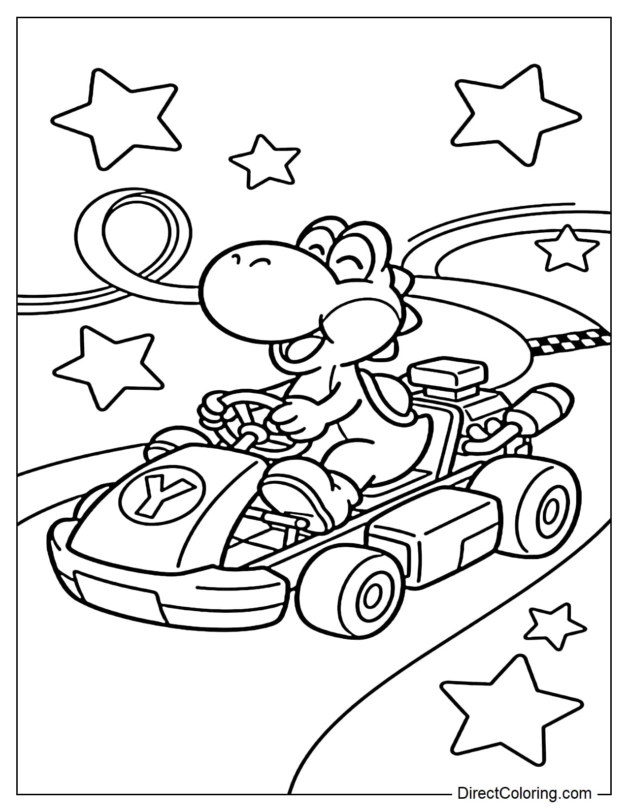 Yoshi drives a kart in a fun and lively racing pose, surrounded by a few stars and curved speed lines.