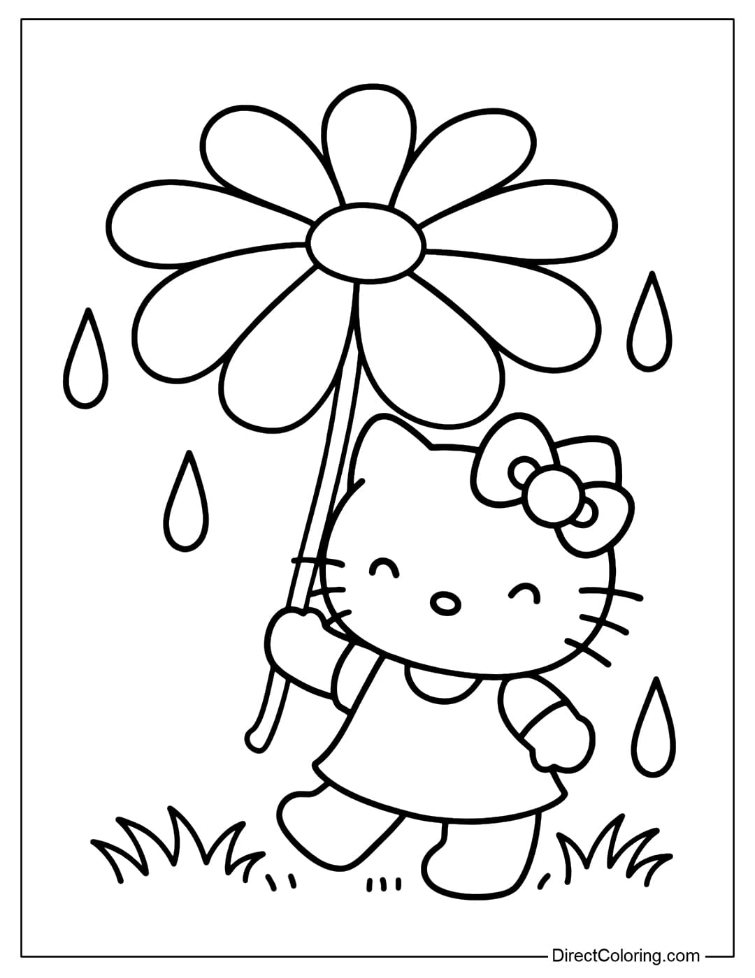 Hello Kitty coloring page holding a giant flower like an umbrella.