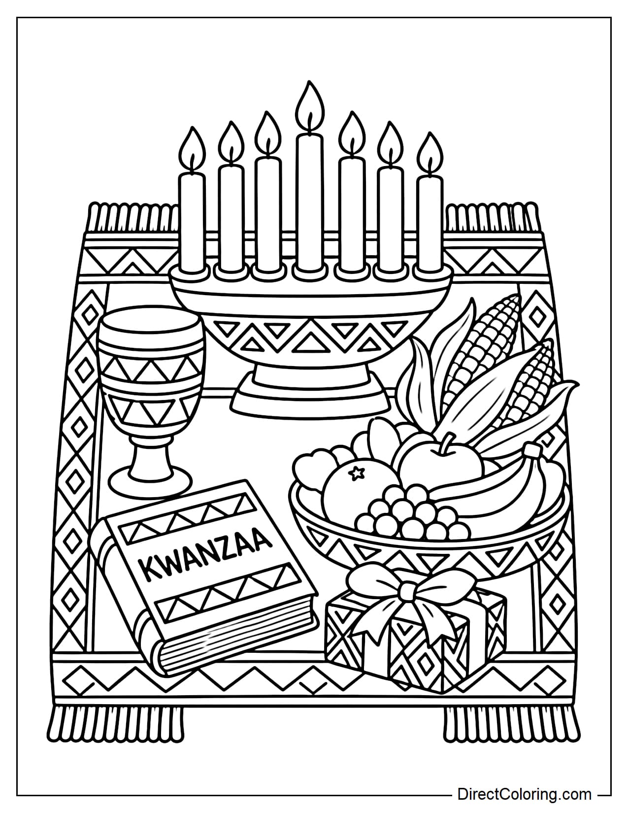 A large Mkeka mat displays a seven-candle Kinara in the center, surrounded by a unity cup, corn, fruits, and handmade gifts.