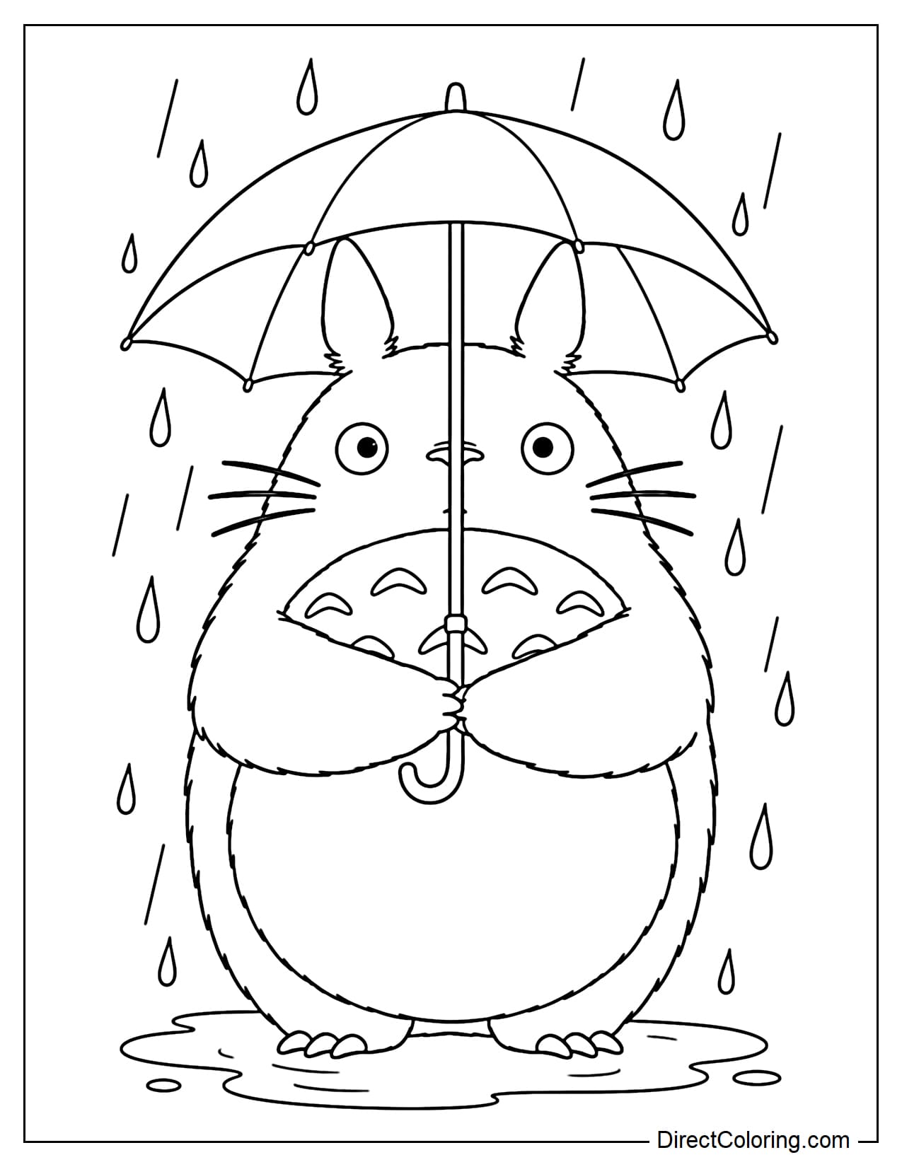Totoro stands in the rain holding a large umbrella, with a small puddle beneath his feet.