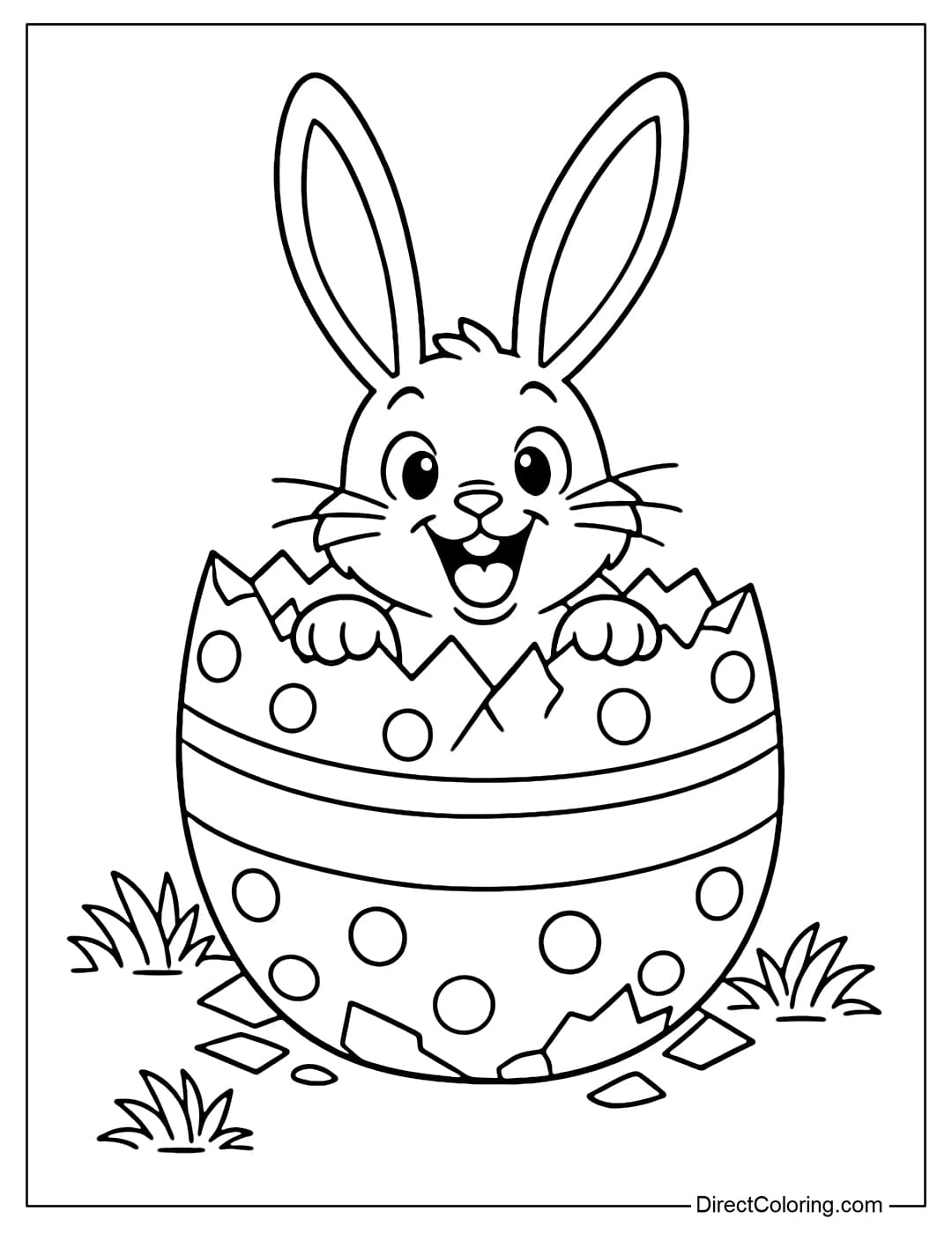 This coloring page features a mischievous Easter bunny peeking halfway out of a giant, cracked Easter egg, surrounded by small clumps of grass.