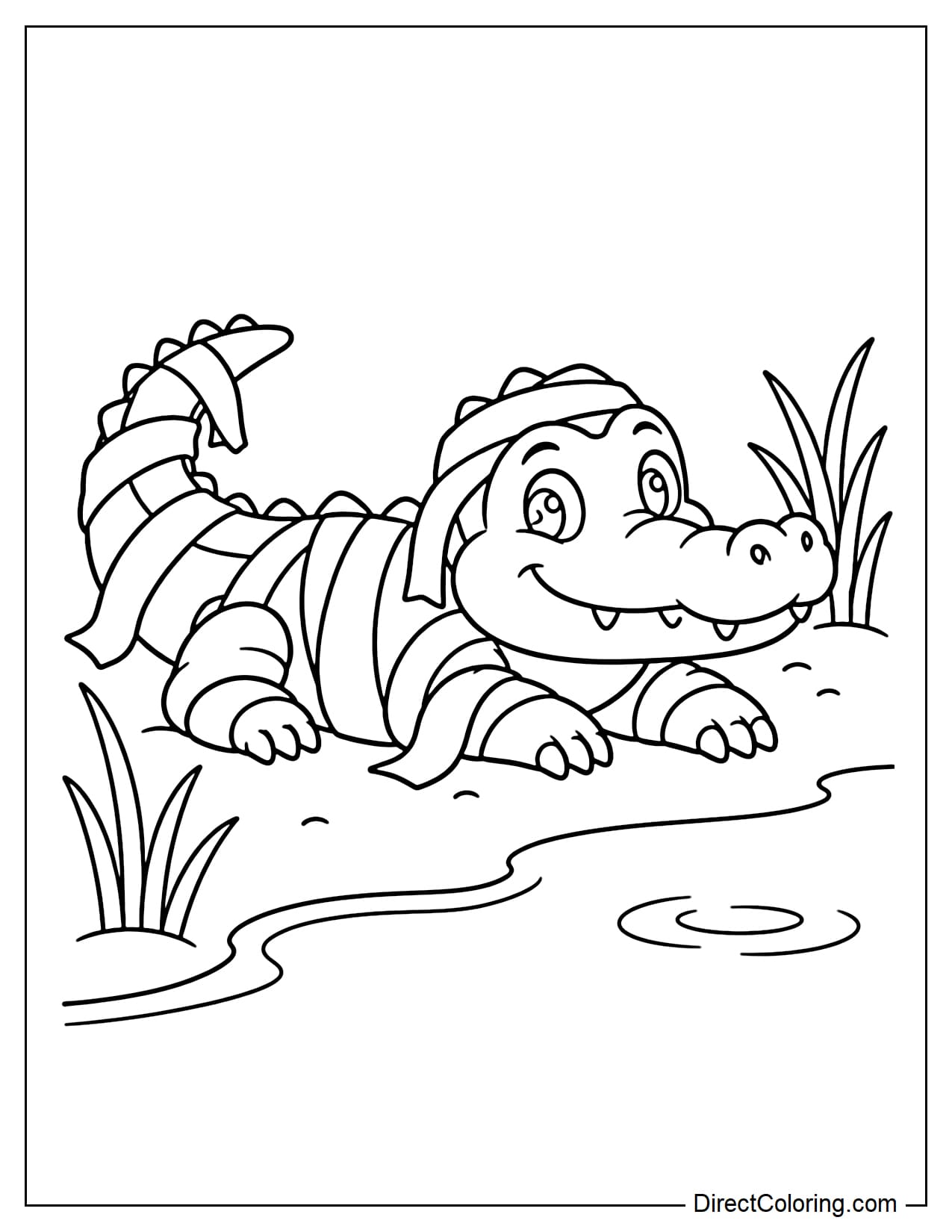 A cute crocodile wrapped in a few large mummy bandages is resting happily by the Nile River, surrounded by a few simple clusters of reeds.