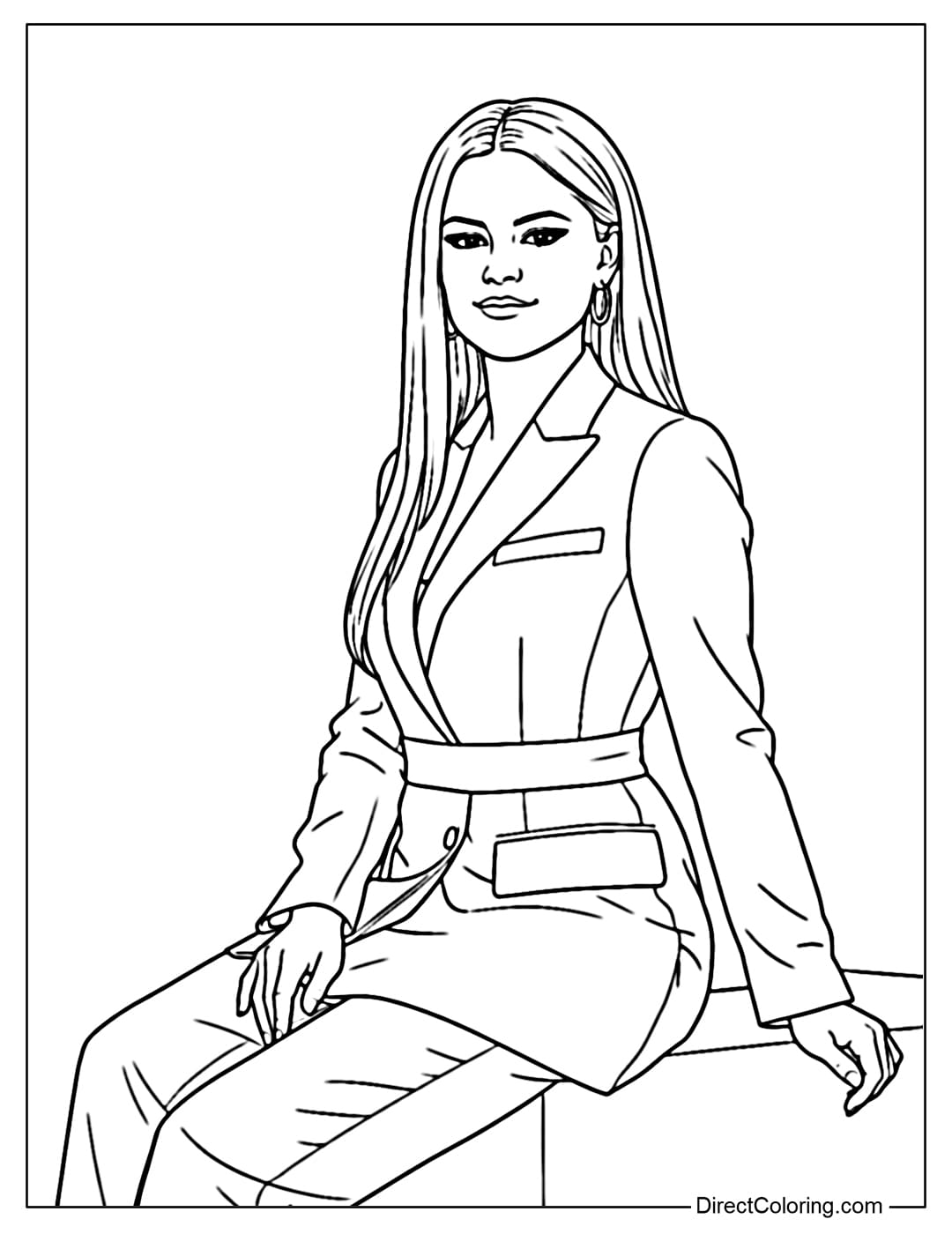 A coloring page of Selena Gomez in a high-fashion office look with a suit, sitting confidently and attractively.