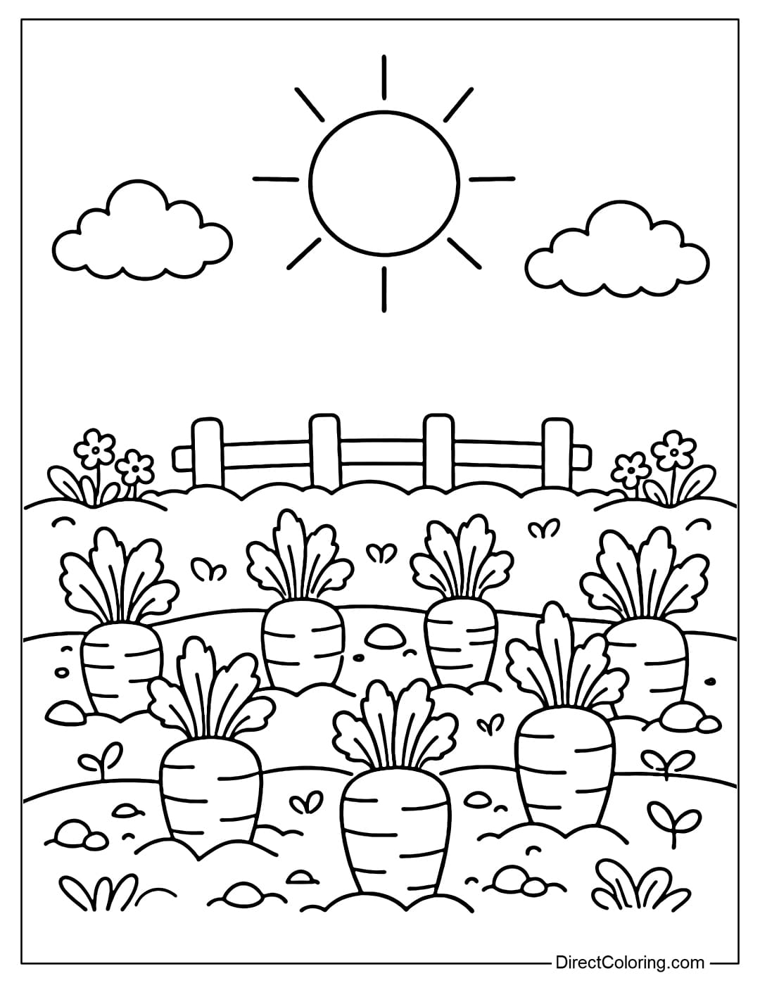 A simple carrot garden with the sun overhead, many carrots growing underground.