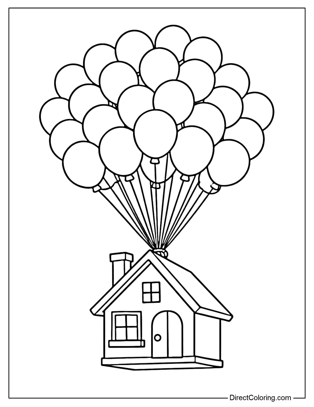 Coloring page for a small house lifted by a cluster of balloons above.