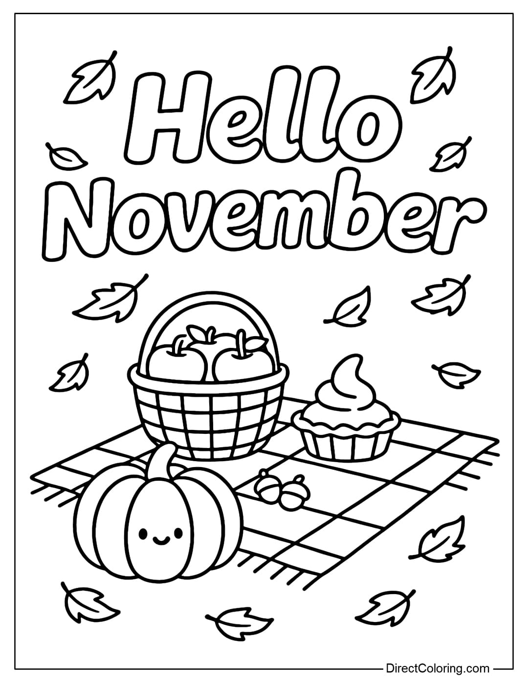 Hello November coloring page, below the word is a picnic mat with a basket of apples, a small pumpkin pie and some chestnuts.