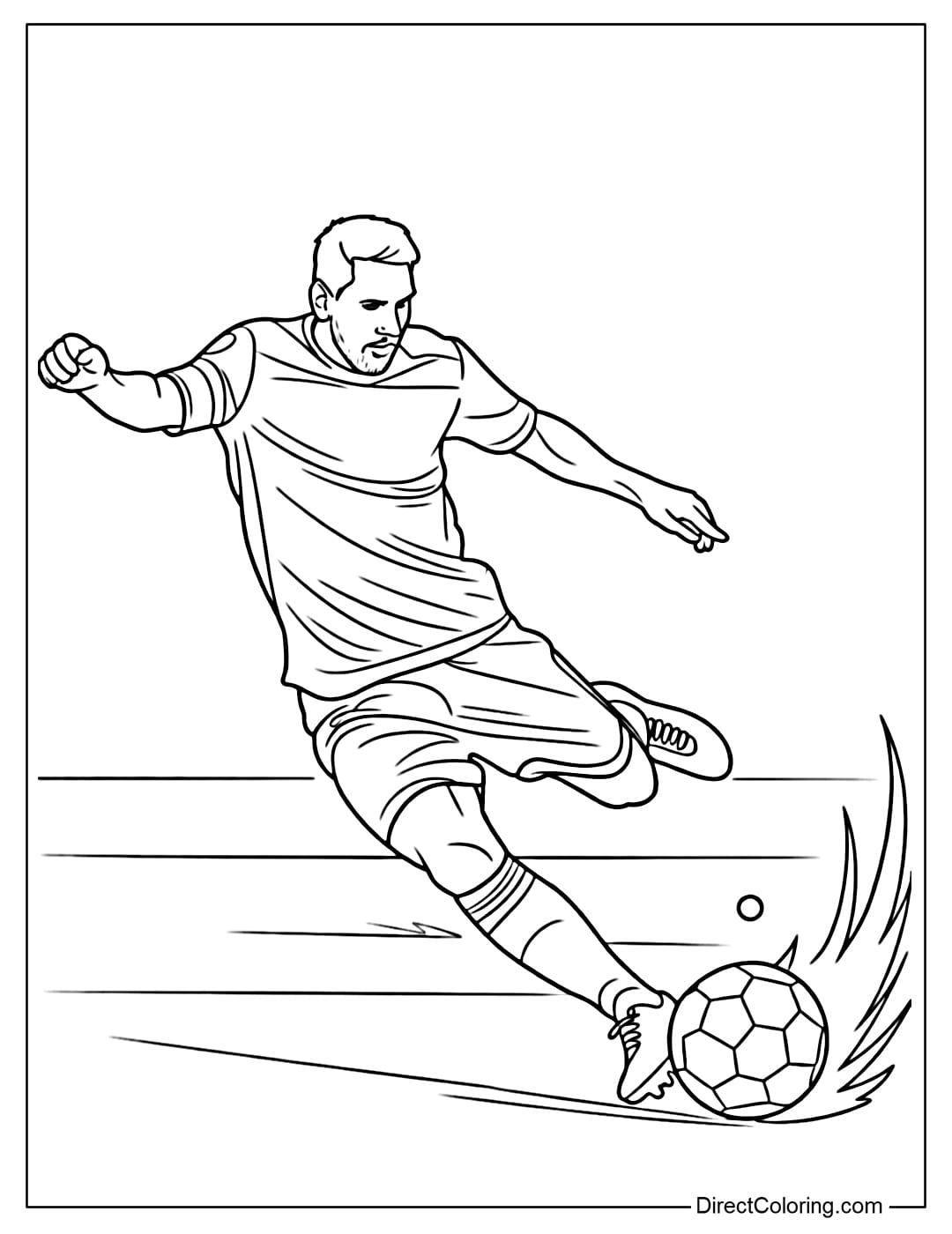 Coloring page of Lionel Messi taking a shot with his left foot, a decisive pose, the ball flying forward.