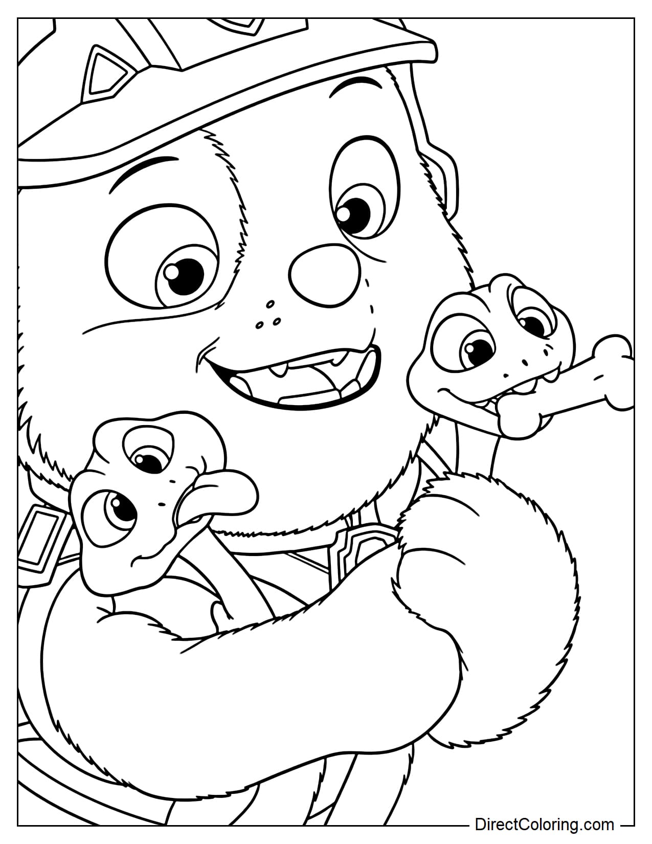 Rubble smiles happily while two playful baby dinosaurs cuddle close, with one holding a large bone.