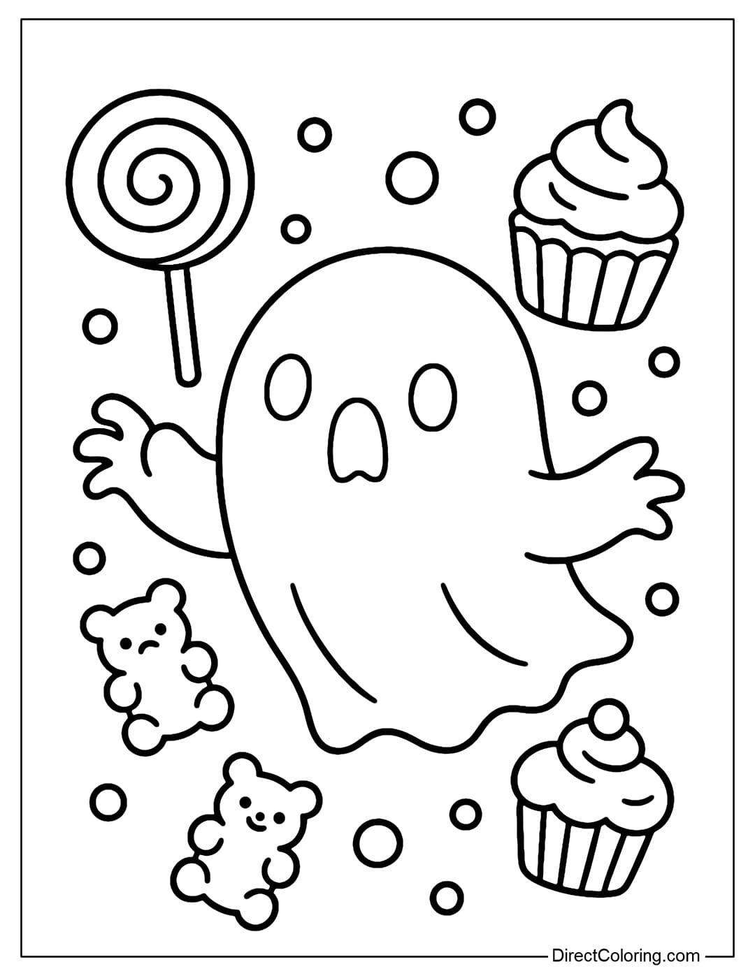 A ghost coloring page in the candy world: lollipops, marshmallows, cupcakes, both spooky and super cute.