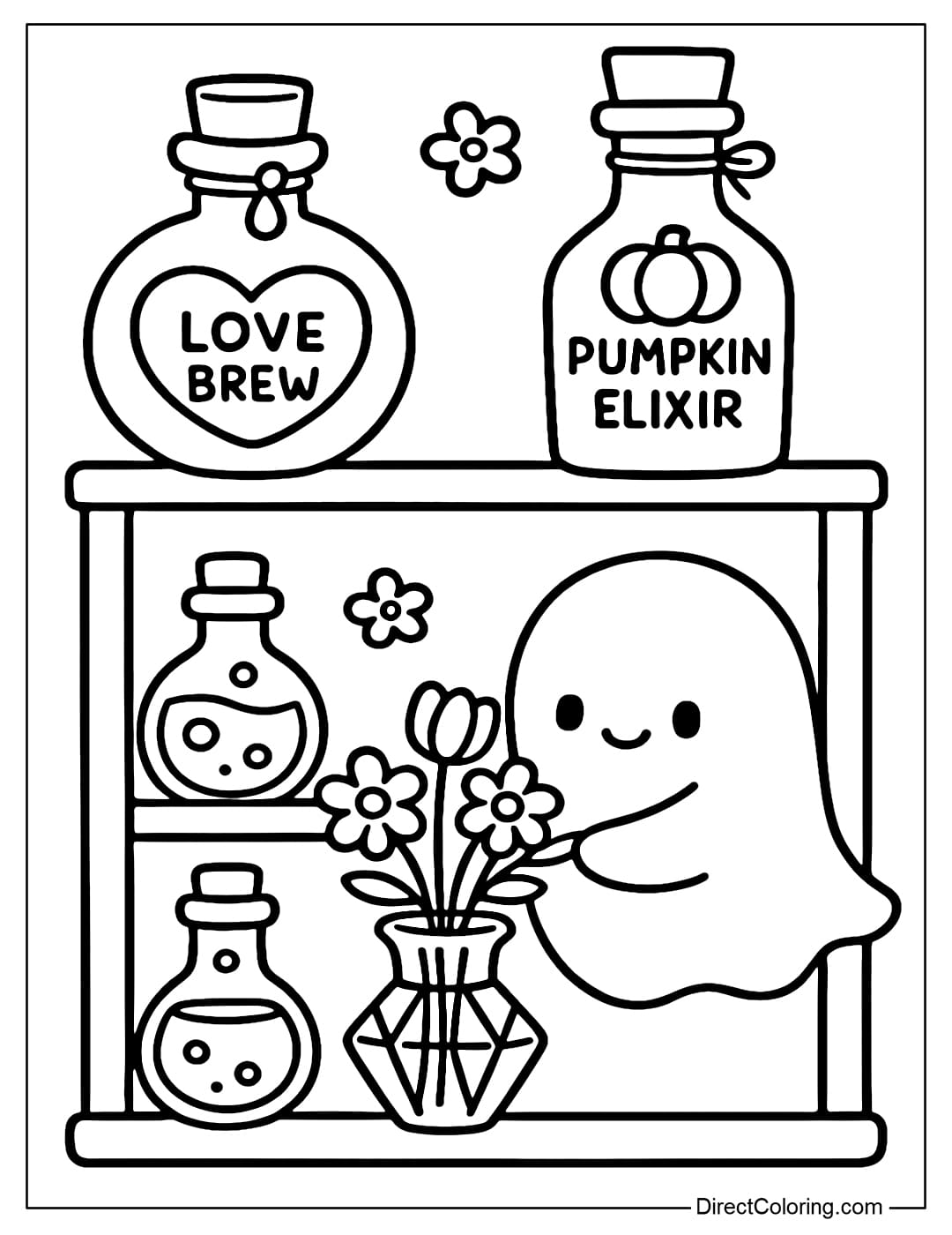 Coloring page of a magic potion shelf, potions labeled as Love Brew and Pumpkin Elixir, a little ghost is putting flowers in a crystal vase.