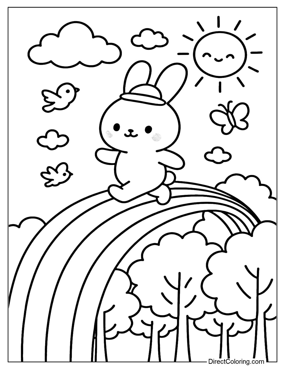Coloring page of a little rabbit walking under a rainbow across the forest.