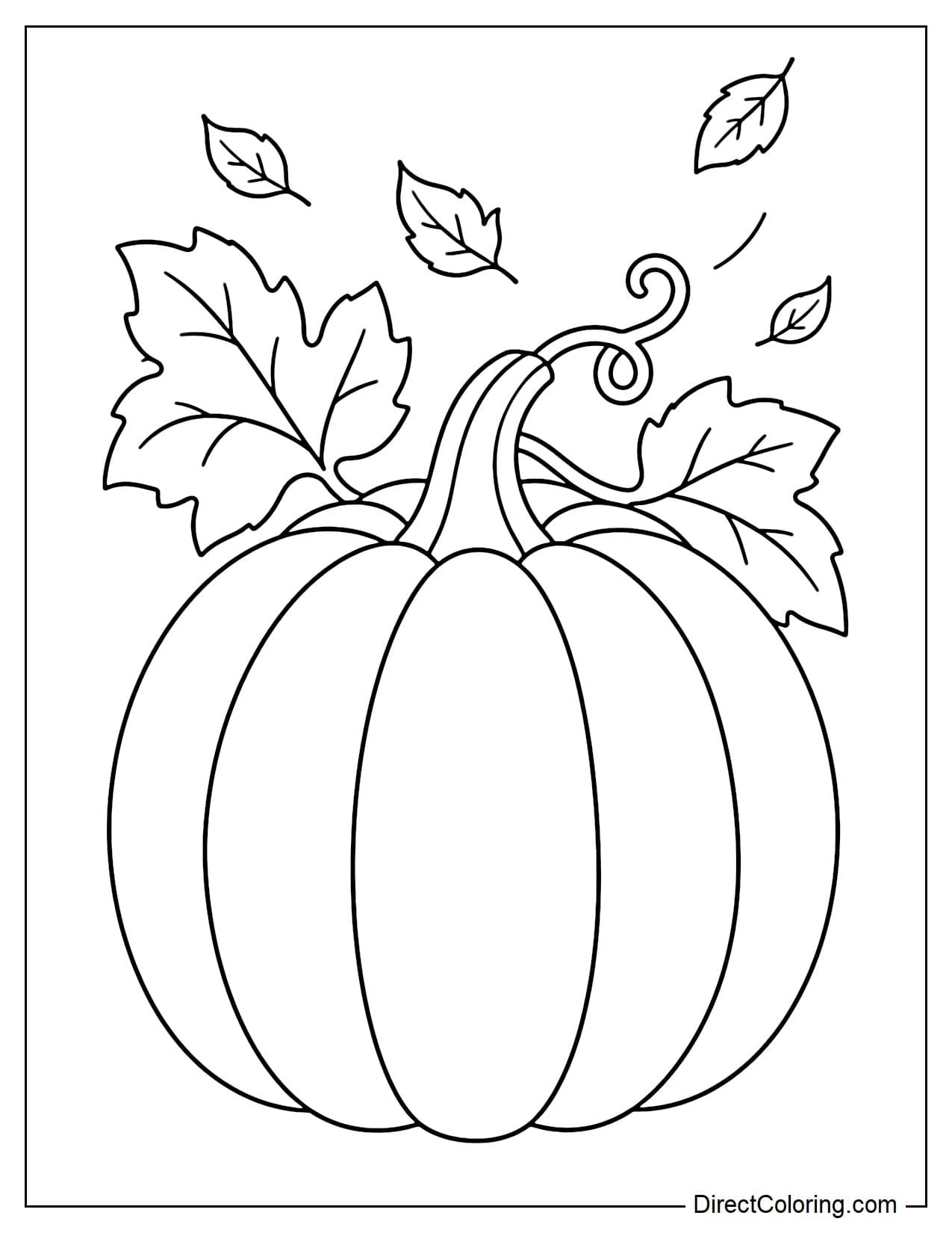 A large, plump pumpkin has a stem connected to a gently curling vine, with two large autumn leaves on either side and a few small leaves floating above.