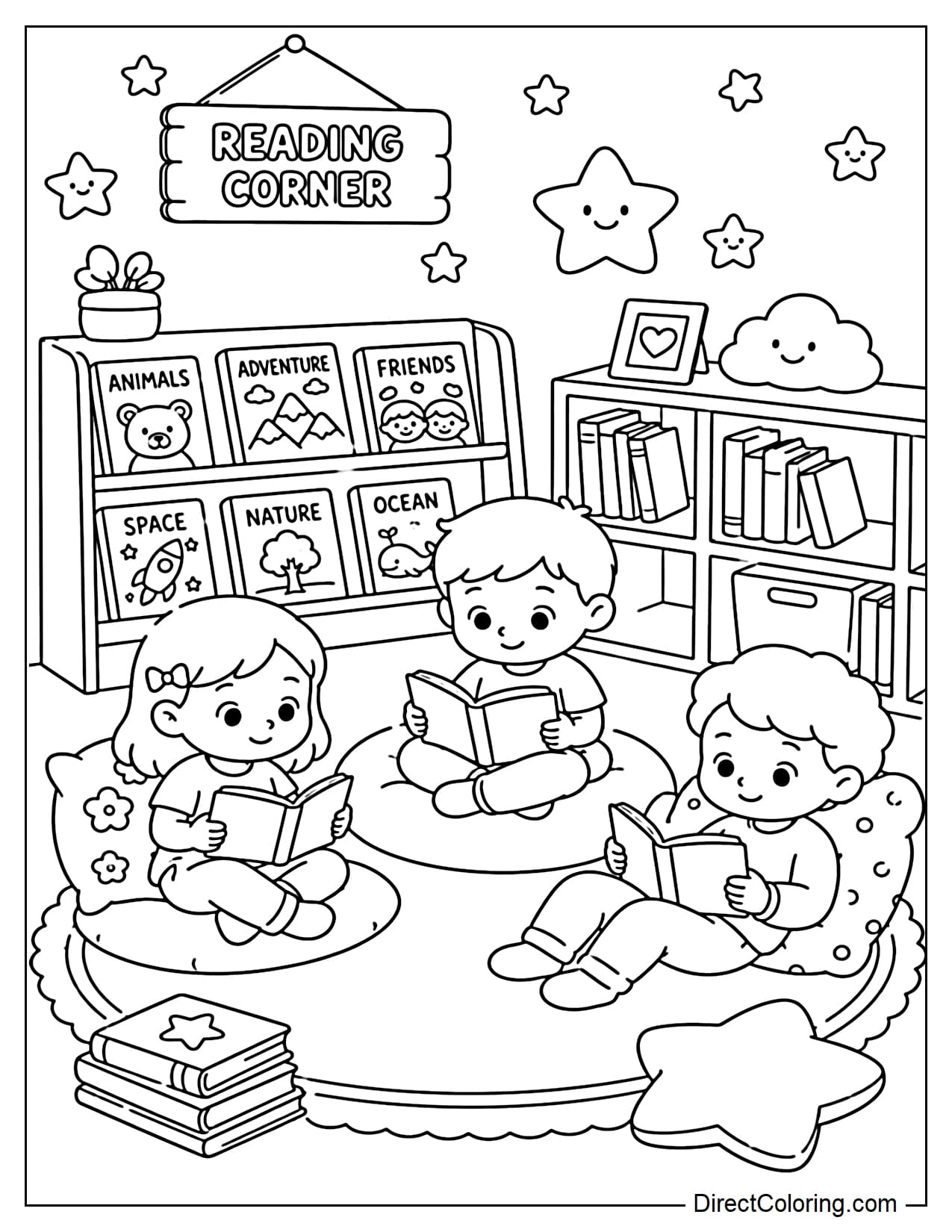 The children are sitting quietly reading books on a soft mat and cushions in the reading corner, surrounded by low bookshelves and a few decorative stars.