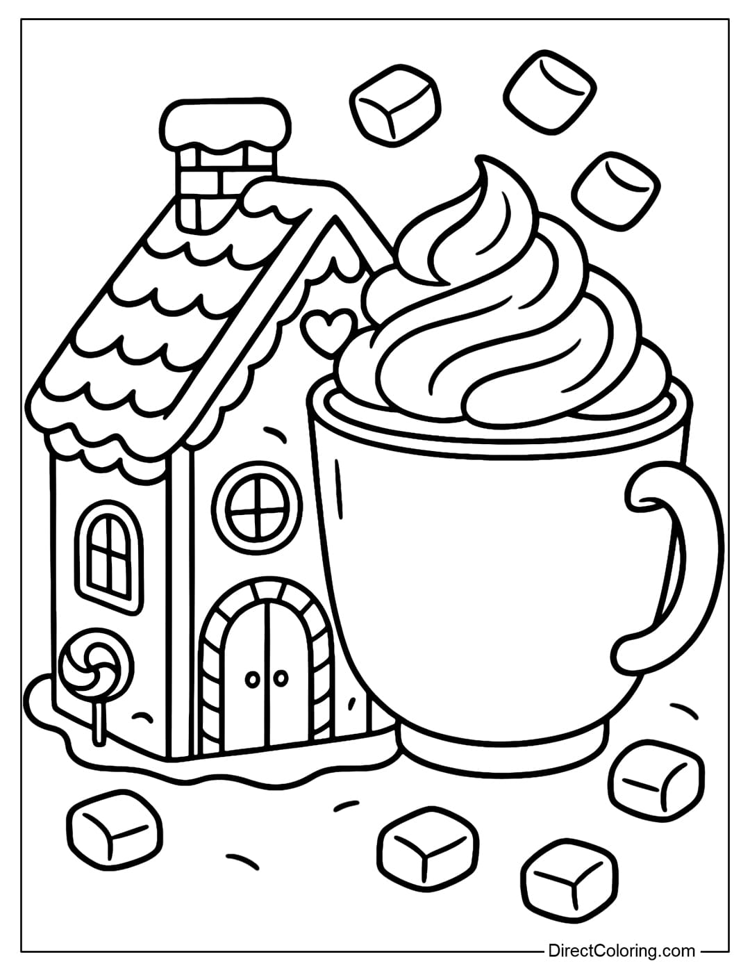 A gingerbread house coloring page next to a cup of hot cocoa, with whipped cream on top and a few floating marshmallows.