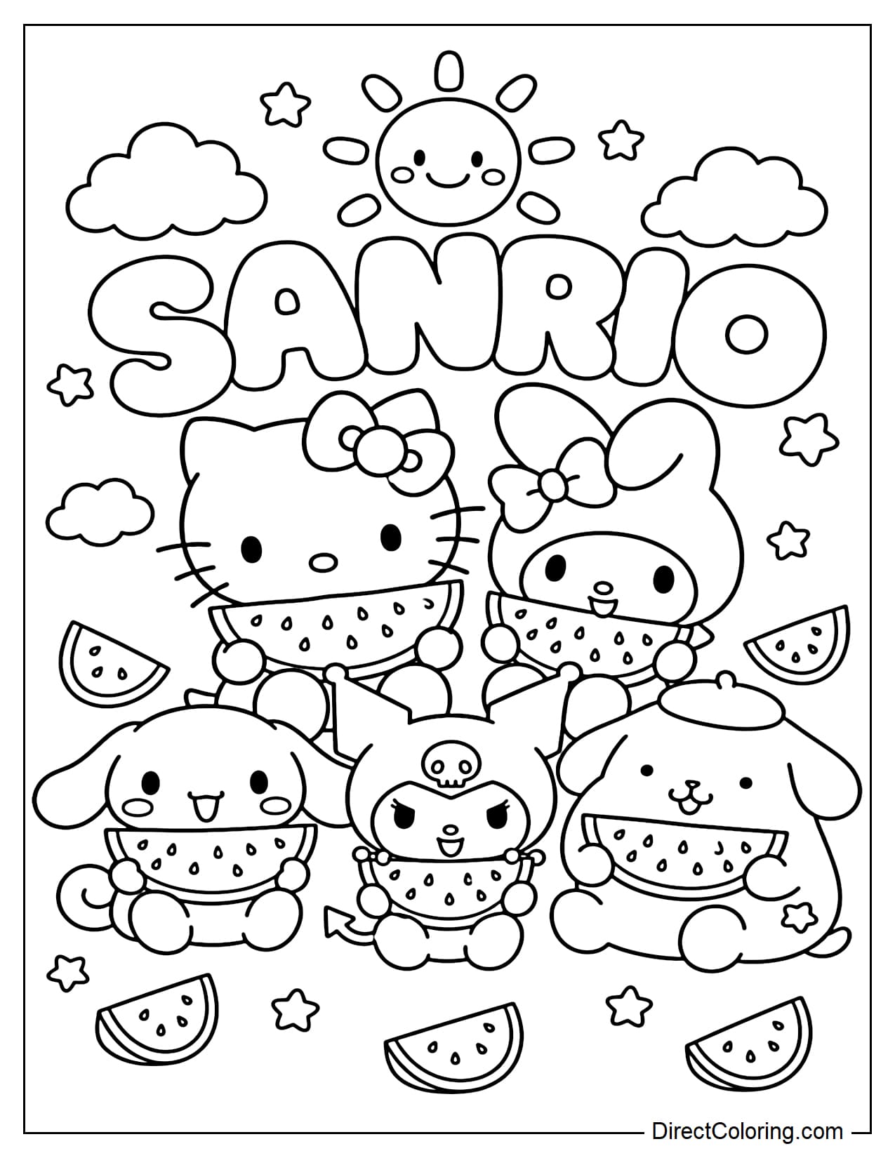 Sanrio characters Hello Kitty, My Melody, Cinnamoroll, Kuromi, and Pompompurin are sitting close together having fun in the summer, holding cute large slices of watermelon. Behind them is the soft bubble lettering of 