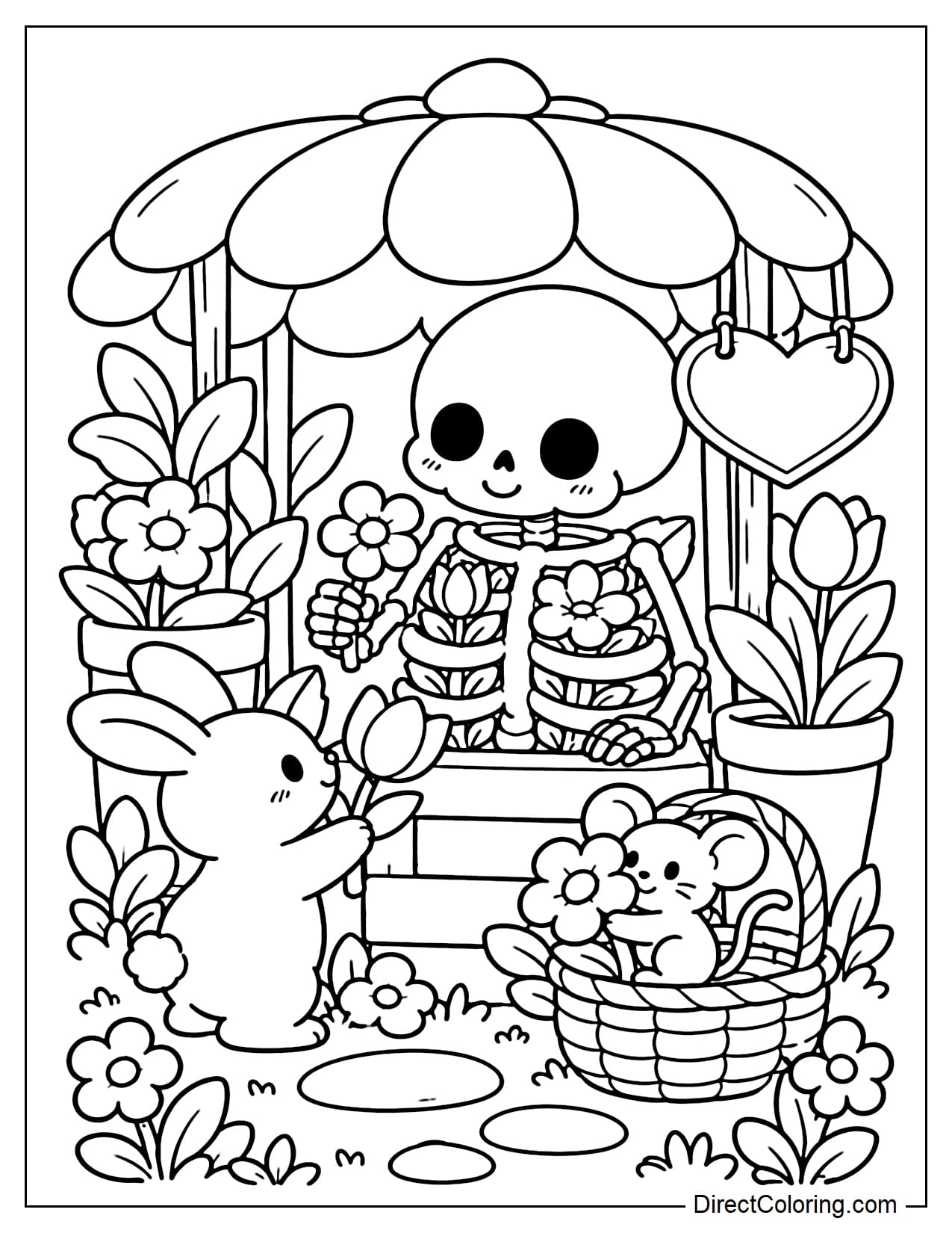 A small cute skeleton is sitting in a garden with flowers tucked inside its rib cage like a tiny flower shop, while a little rabbit chooses a flower and a small mouse sits in a tiny basket hugging a large flower.&nbsp;