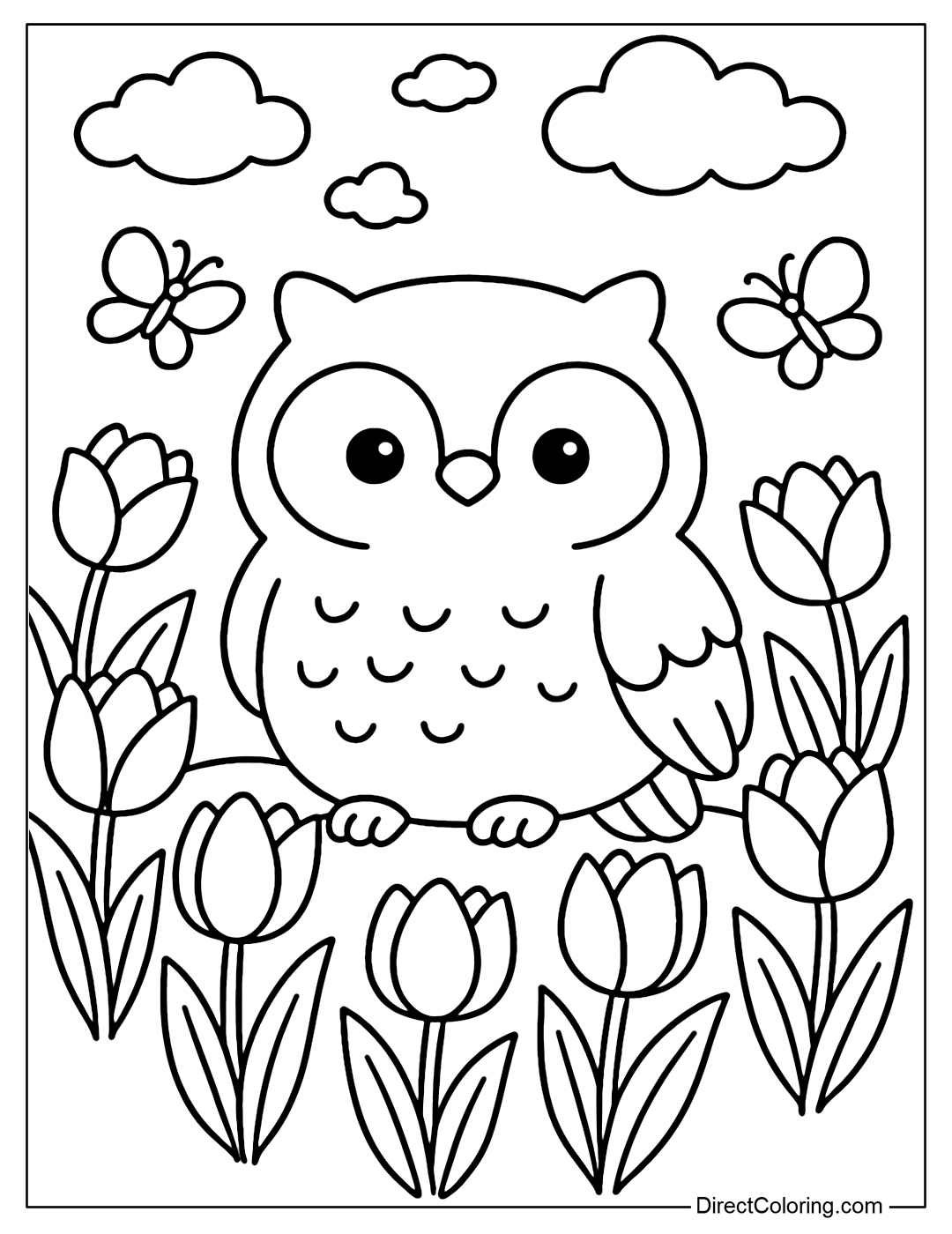 Coloring page of an owl in a tulip garden, surrounded by flying butterflies, in the background is a clear blue sky with a few clouds.